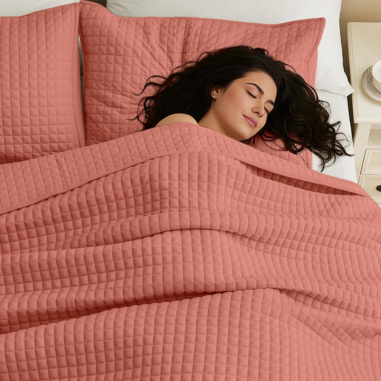 Wonderful 3 Piece Waffle Weave Quilt Set King Size, Coral Lightweight Bedspread Coverlet for All Season, Ultra Soft Microfiber Bedding Set with 2 Pillow Shams, Waffle Pattern Quilted Design 104"x94" | Breathable & Cozy, Machine Washable, Wrinkle Resistant, Fade Resistant, Cloud-Like Touch
