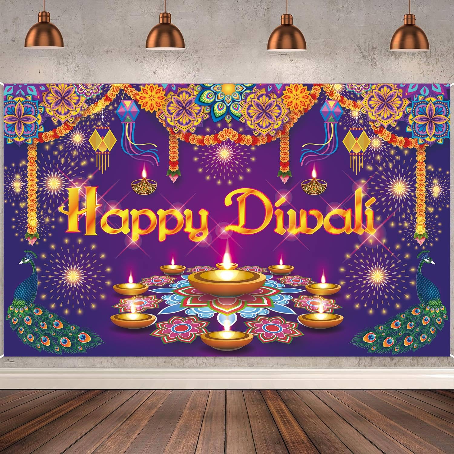 XINDY Large Happy Diwali Banner Diyas Pooja Rangoli Backdrop Background Banner Indian Decorations Festival of Lights Diwali Decorations for House