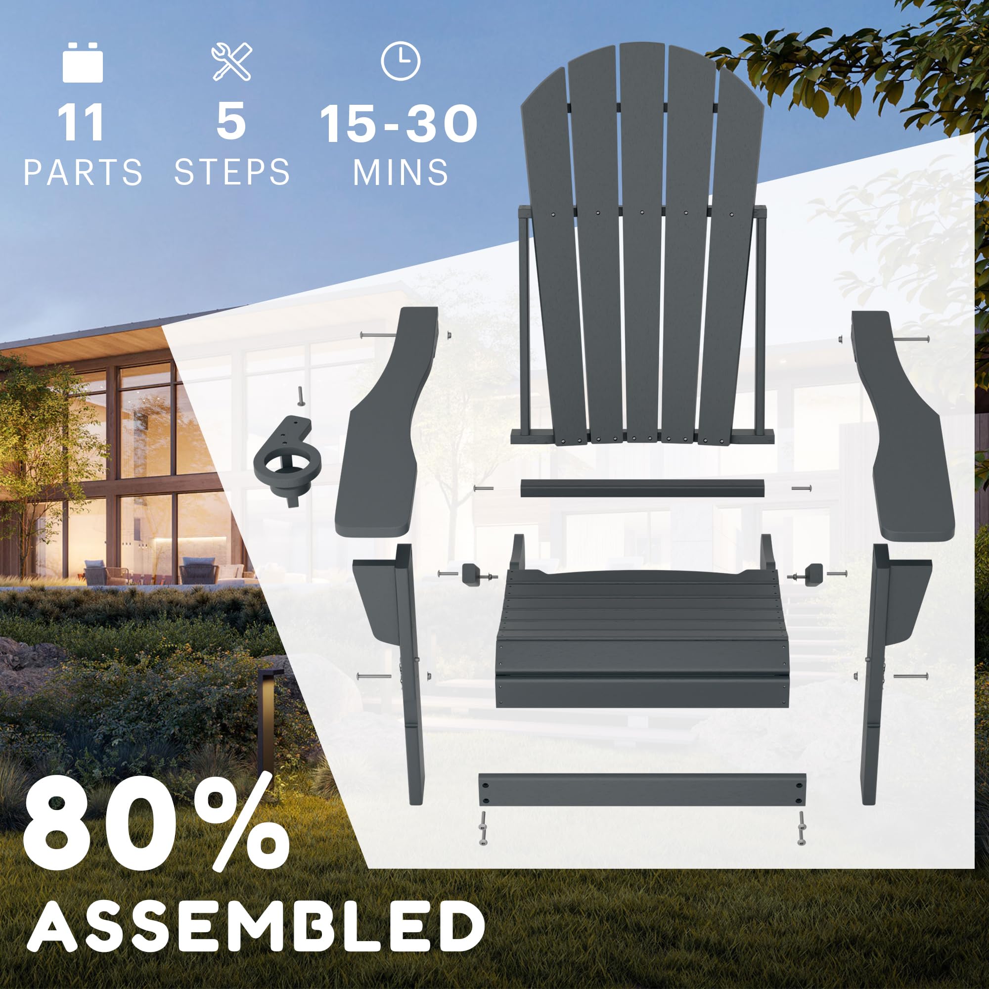 M MIDOULANDEXTYT Adirondack Stuhl,HDPE-Wetterfester Klapp-Adirondack-Stuhl mit Becherhalter für Garten,Terrasse,Hinterhof,Patio(Grau)