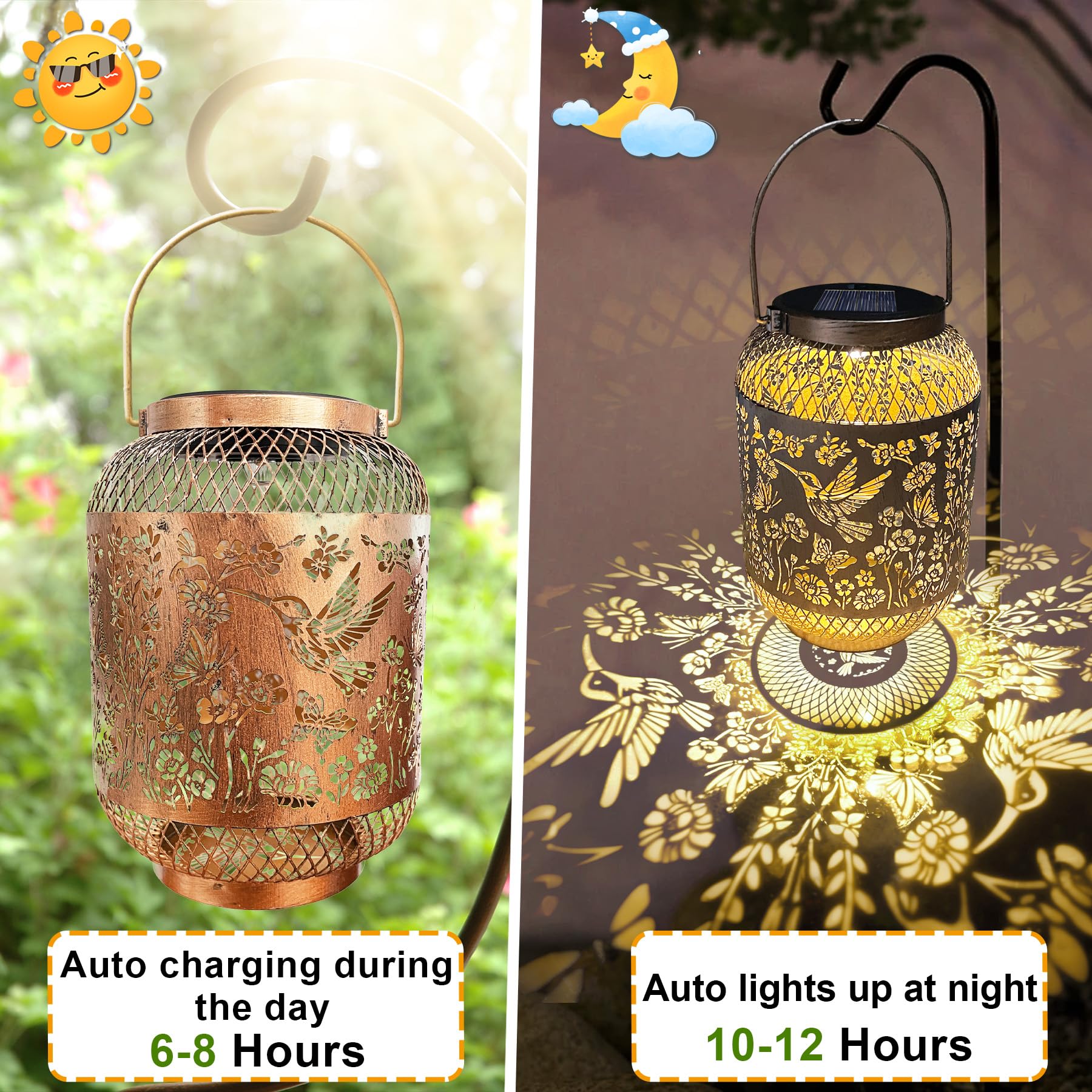 VEEKAY Lanterne Solaire Exterieur, LED Lampe Solaires de Jardin,IP65 Étanches,Lampe Solaire Exterieur Jardin en Métal pour Patio Terrasse Cour Table (Fleurs pour colibris)