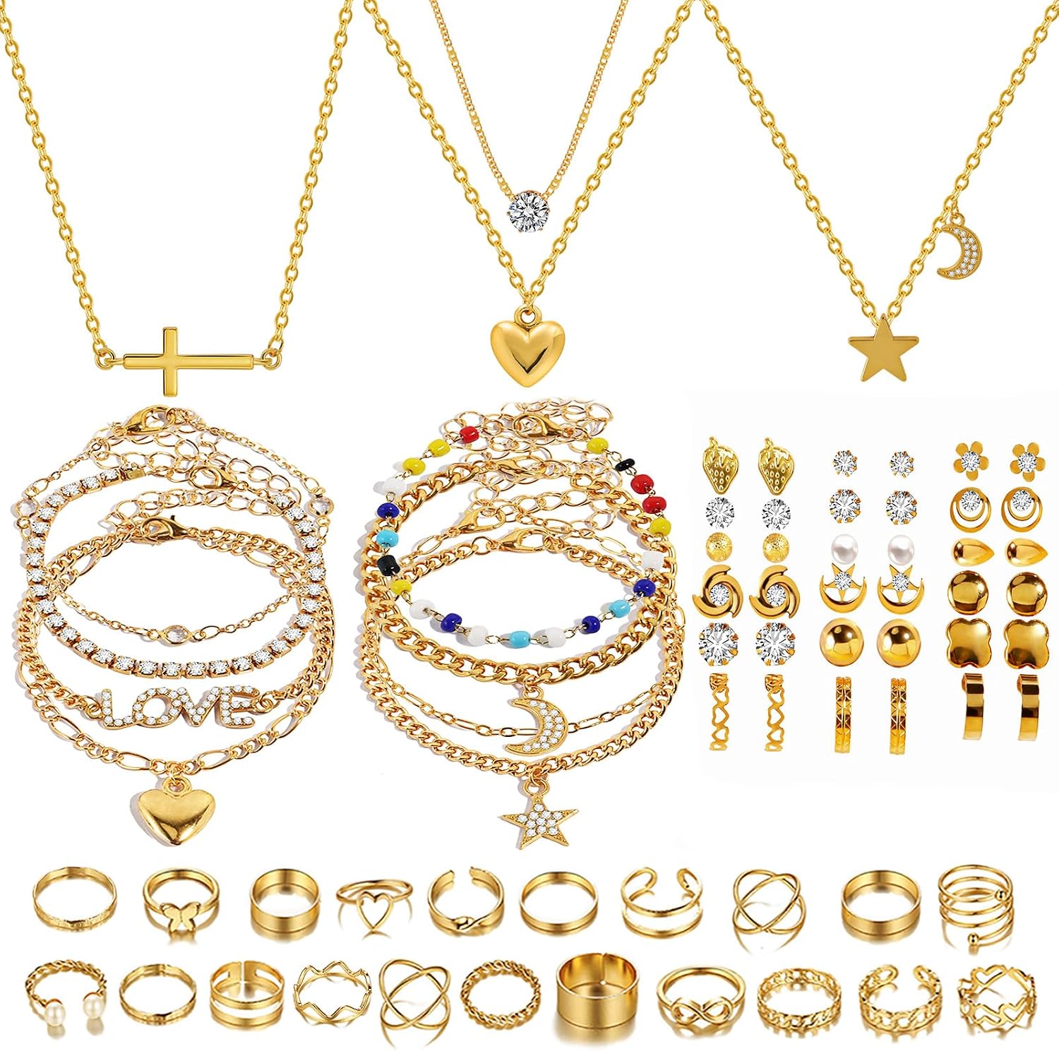 KOSMOS-LI Golden Jewelry Set Stocking Stuffers with 4pcs Necklaces, 36pcs Earrings, 22pcs Rings Collection Fashion Accessories for Women Multiple Styles and Sizes
