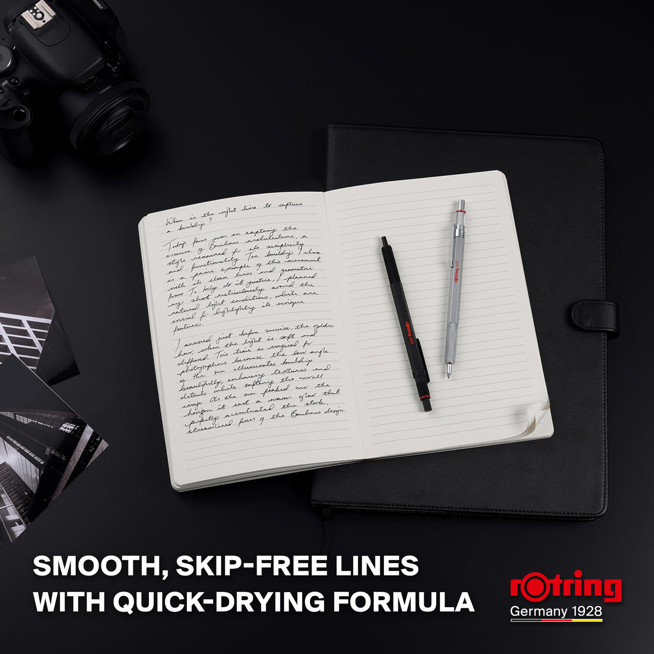 rOtring 600 Gelschreiber & Samtetui, 0,55 mm, schwarze Tinte, schwarzer Metallkörper, rutschfester gerändelter Griff und sechseckiger Schaft, nachfüllbar