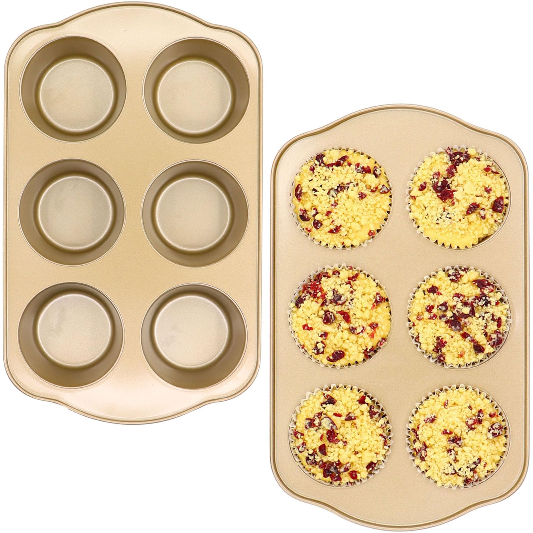 Molde antiadherente para 6 magdalenas, juego de moldes grandes para magdalenas, moldes para horno, 2 unidades, color dorado