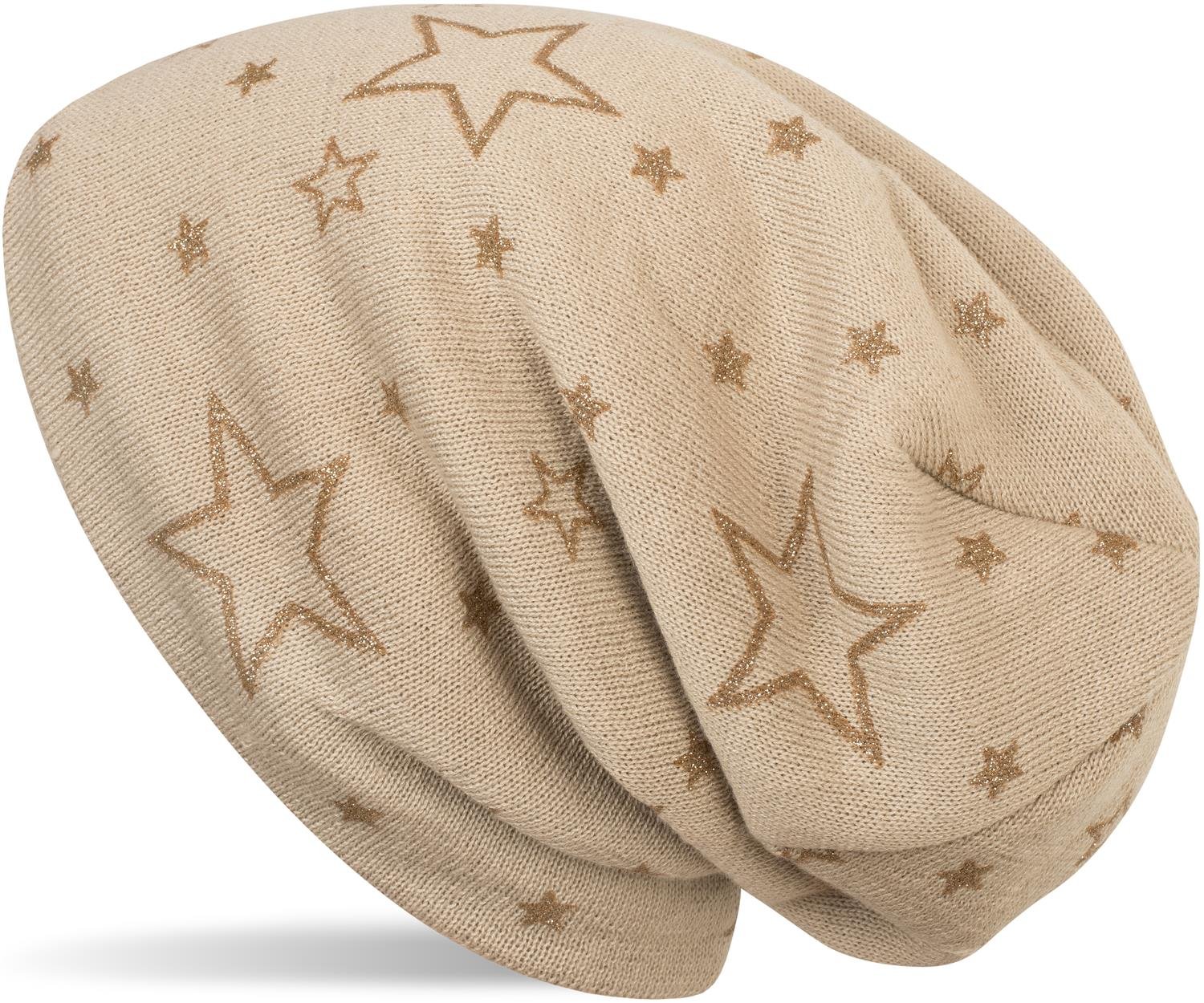 Stylebreaker Women's Beige Warm Fine-Knit Beanie Hat With Glittering Metallic Star Print, Fleece Lining, Slouch Long Beanie, 04024125, Colour: