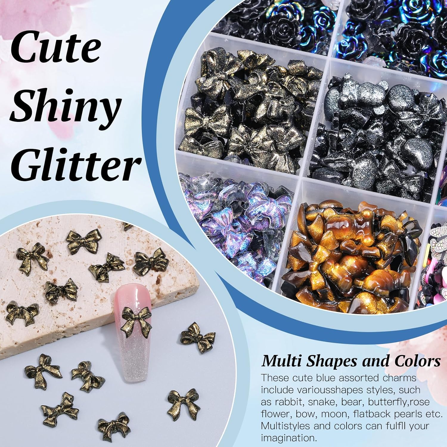 850 Pieces 3D Butterfly Rose Flower Bow Rabbit Bear Nail Charms Kit with Nail Art Rhinestones Pearls Crystal Gems Nail Slices for Manicure DIY Crafts Jewelry Accessories (Black)