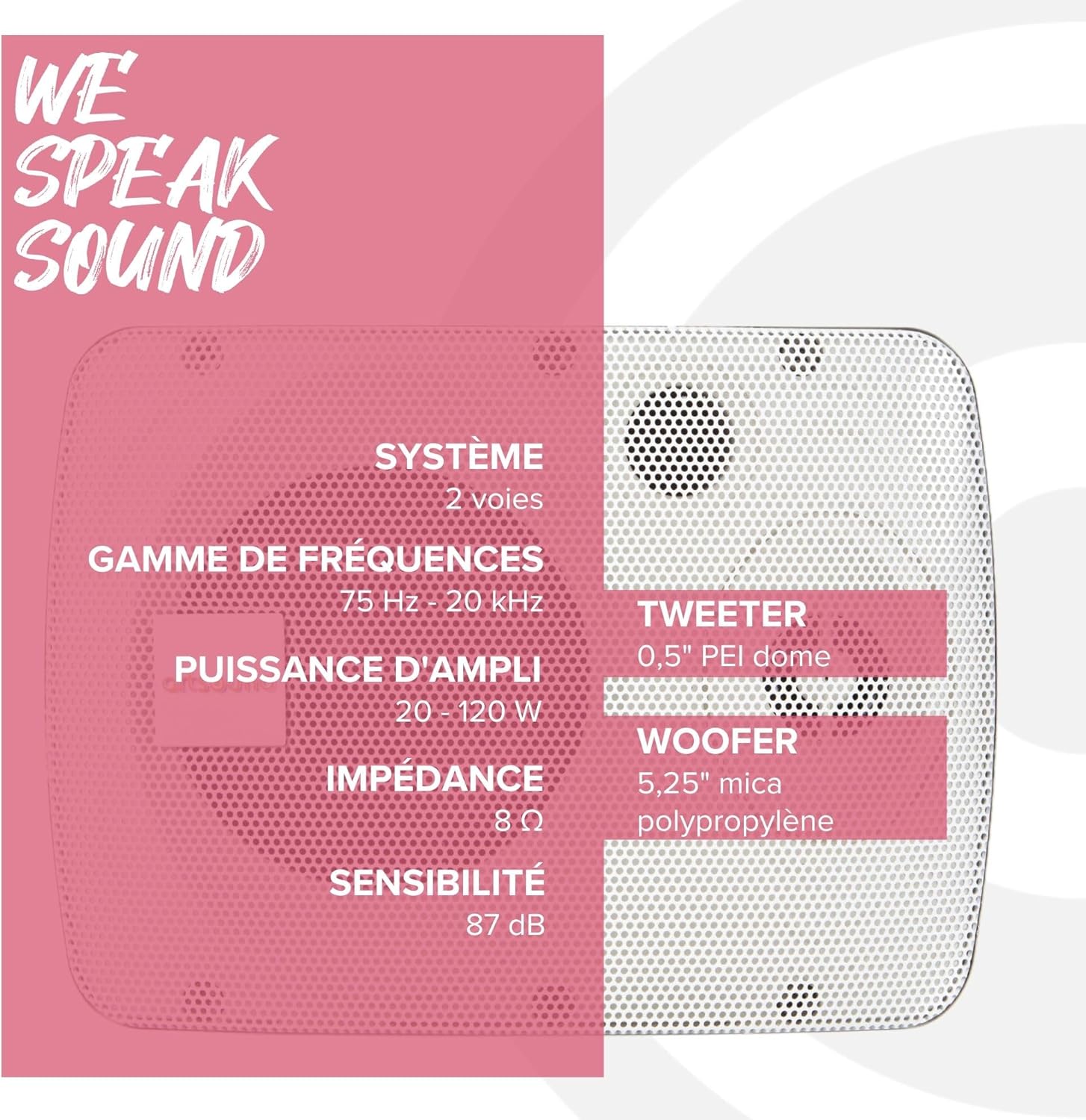 Artsound ASW55.2 speaker with detailed technical specifications including system type, frequency range, power, impedance, sensitivity, tweeter, and woofer details.