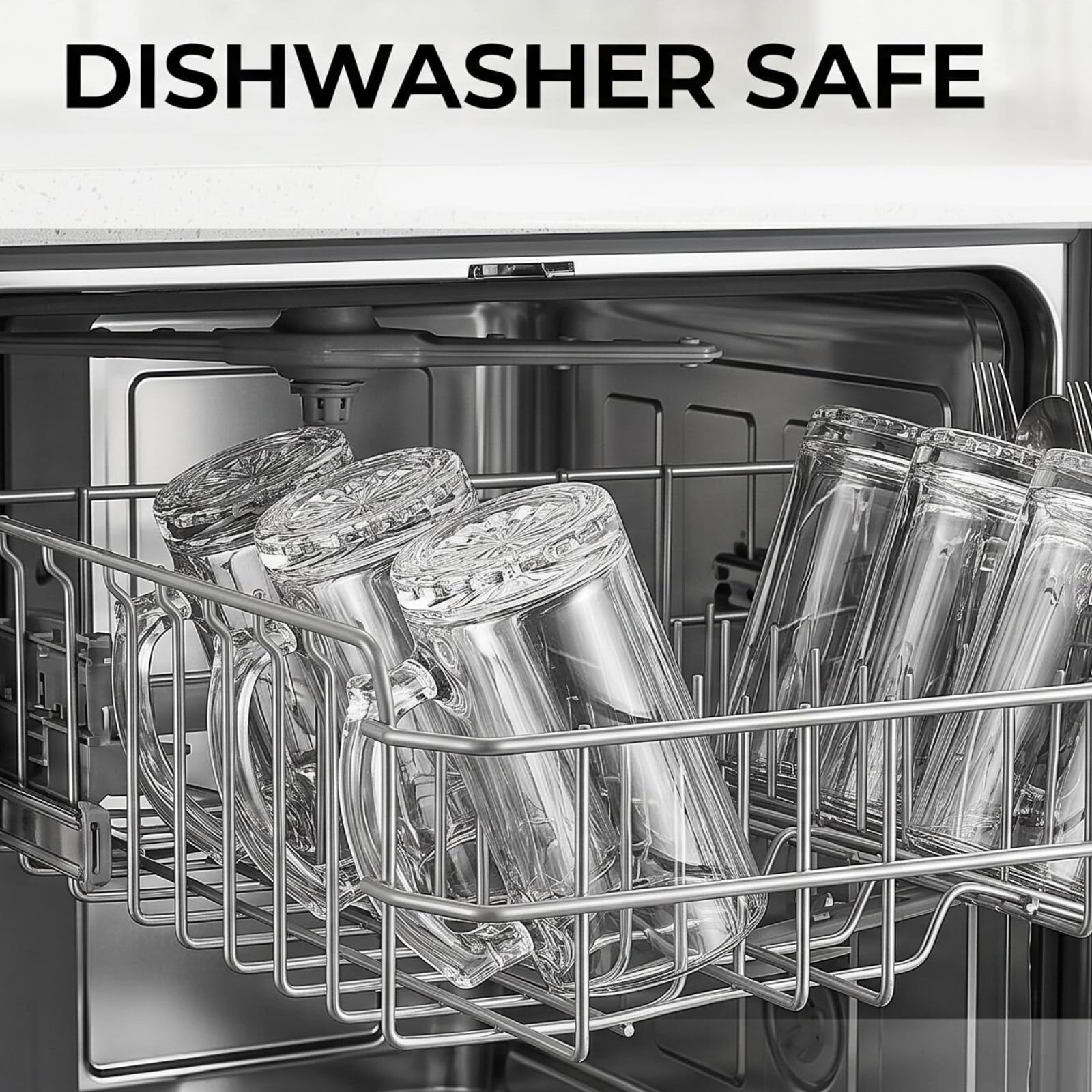 Okllen Paquete de 8 tazas de cerveza de vidrio de 16 onzas con asa, tazas de cerveza grandes de vidrio pesadas con pajitas de acero inoxidable, base pesada, vasos gruesos para congelador, bar, cóctel,