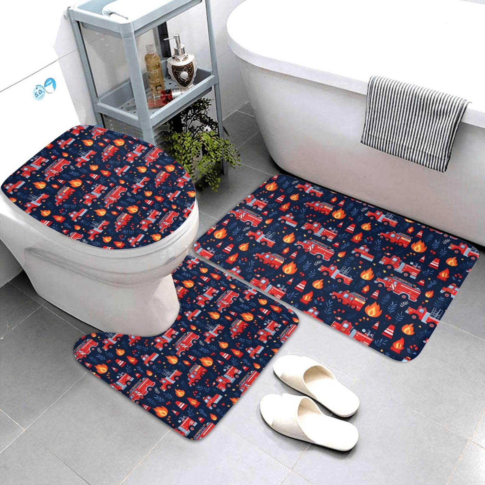 Tapis de salle de bain camion de pompiers, lot complet pour éviter les glissades après la douche