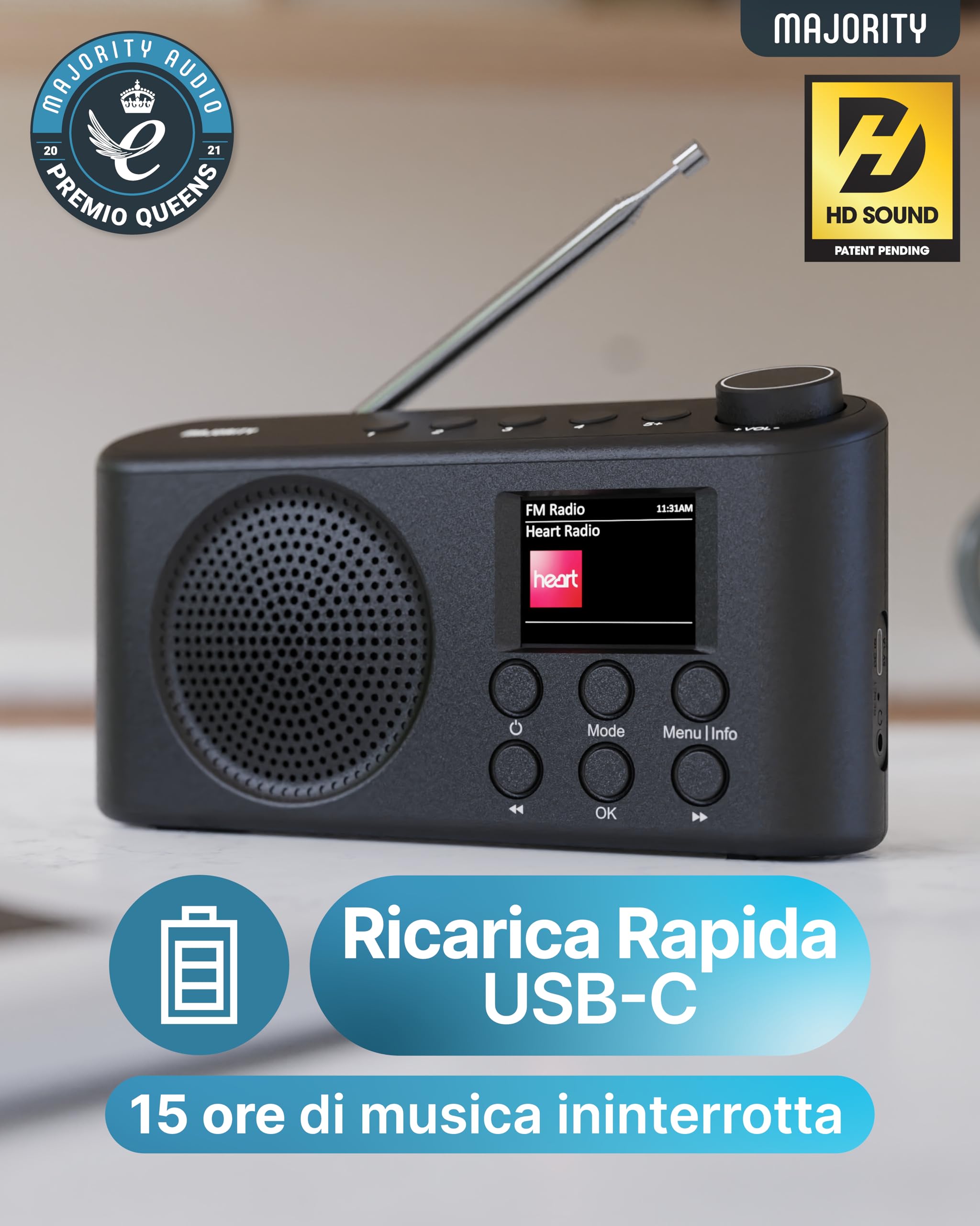 Majority Orwell Pro DAB/DAB+ Radio Portatile | Bluetooth FM, 40 Preset, 4 Pulsanti Rapidi, 15 Ore Batteria Ricaricabile USB-C, Minuterie Sonno, EQ 7 Presets, Schermo LCD | Radio Dab Casa, Viaggio