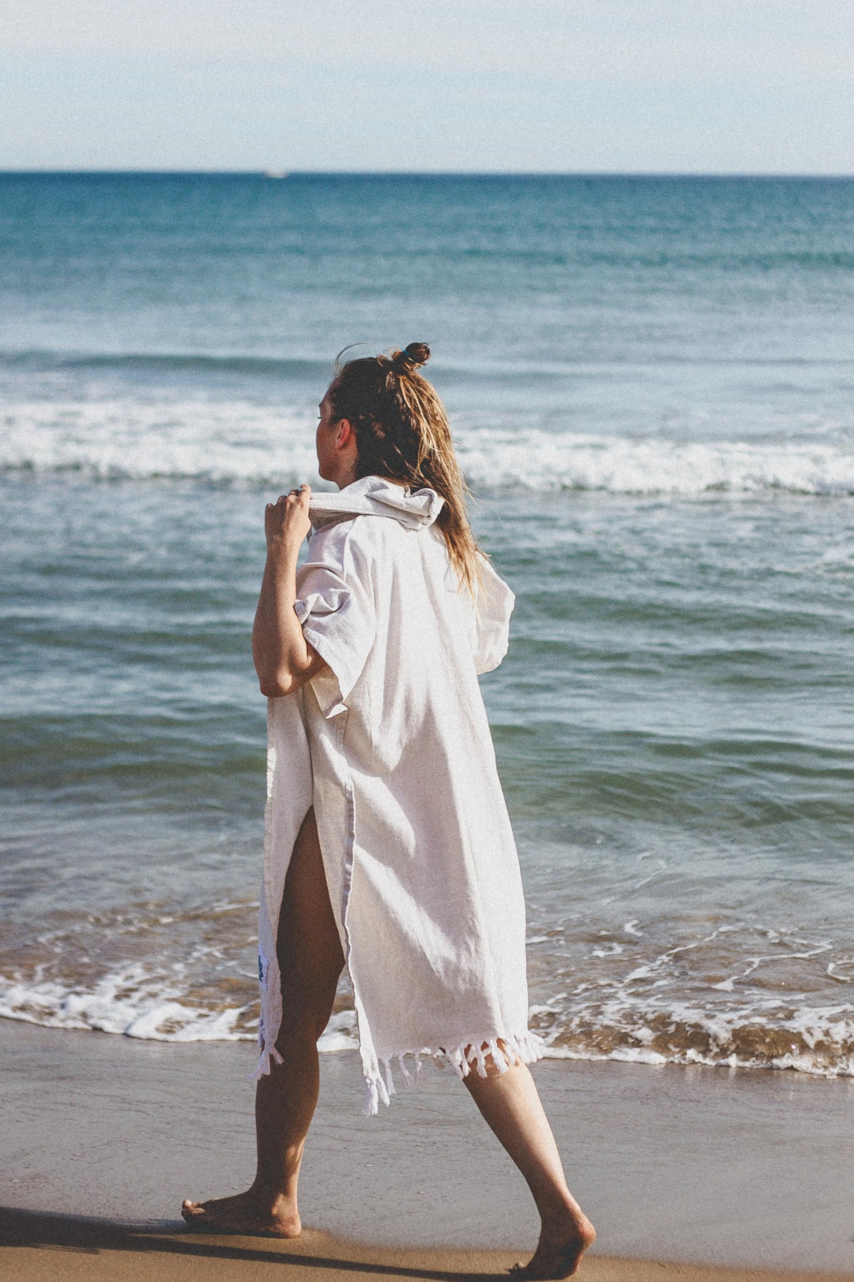 Surfponcho für Damen Herren 100% Baumwolle Hamam Oversized handgewebt Kapuze Strand Camping (Sand)