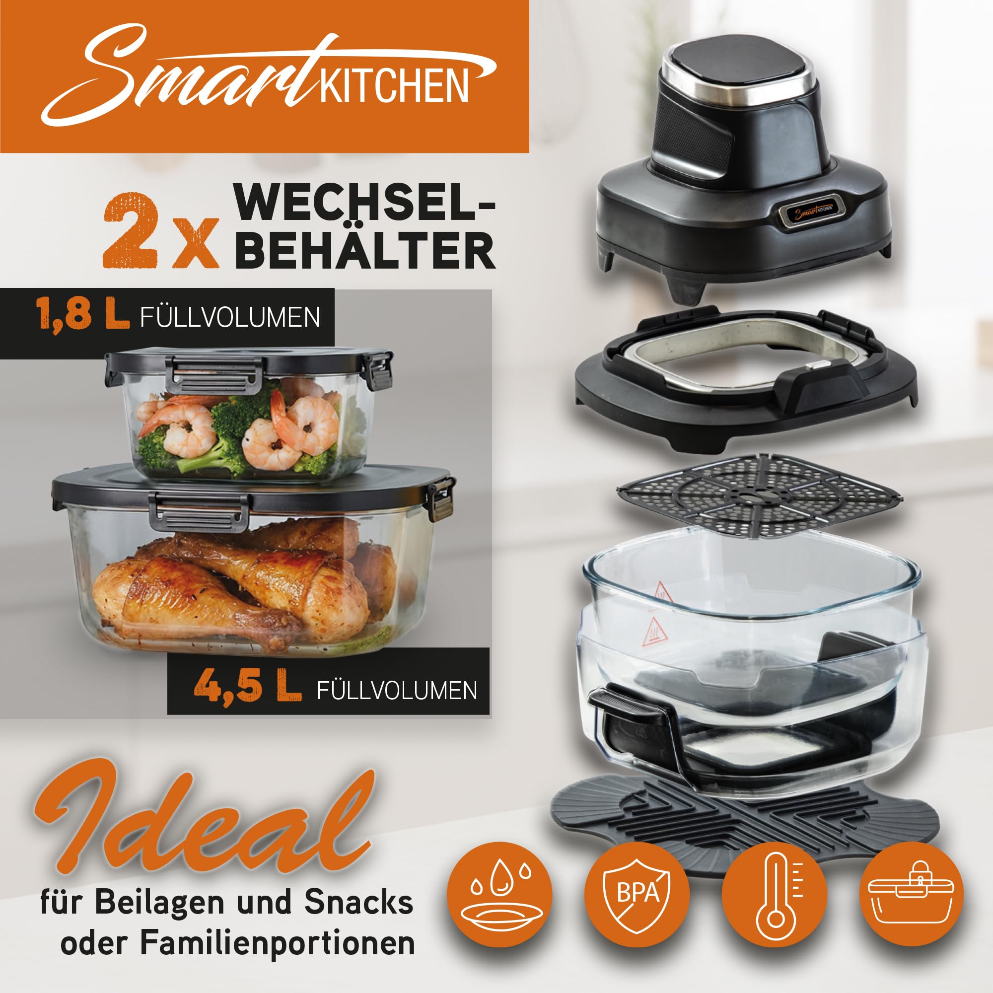 Smart Kitchen Szklana frytkownica na gorące powietrze 4 w 1 – Air Fryer do pieczenia, recrisp i max crisp – 4 l + 1,5 l szklany pojemnik Turbo tower pro – Kompaktowa i przenośna – Czarna
