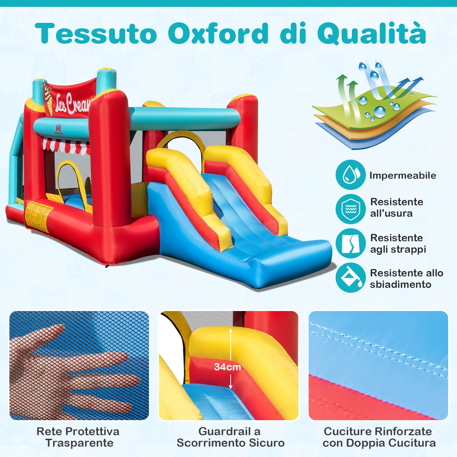 COSTWAY Castello Gonfiabile 5 in 1 per Bambini di Tema Gelato, Castello Gonfiabile con Scivolo, Canestro, Trampolino e Vasca, Gioco Gonfiabile con Anelli e Palline per Interno ed Esterno