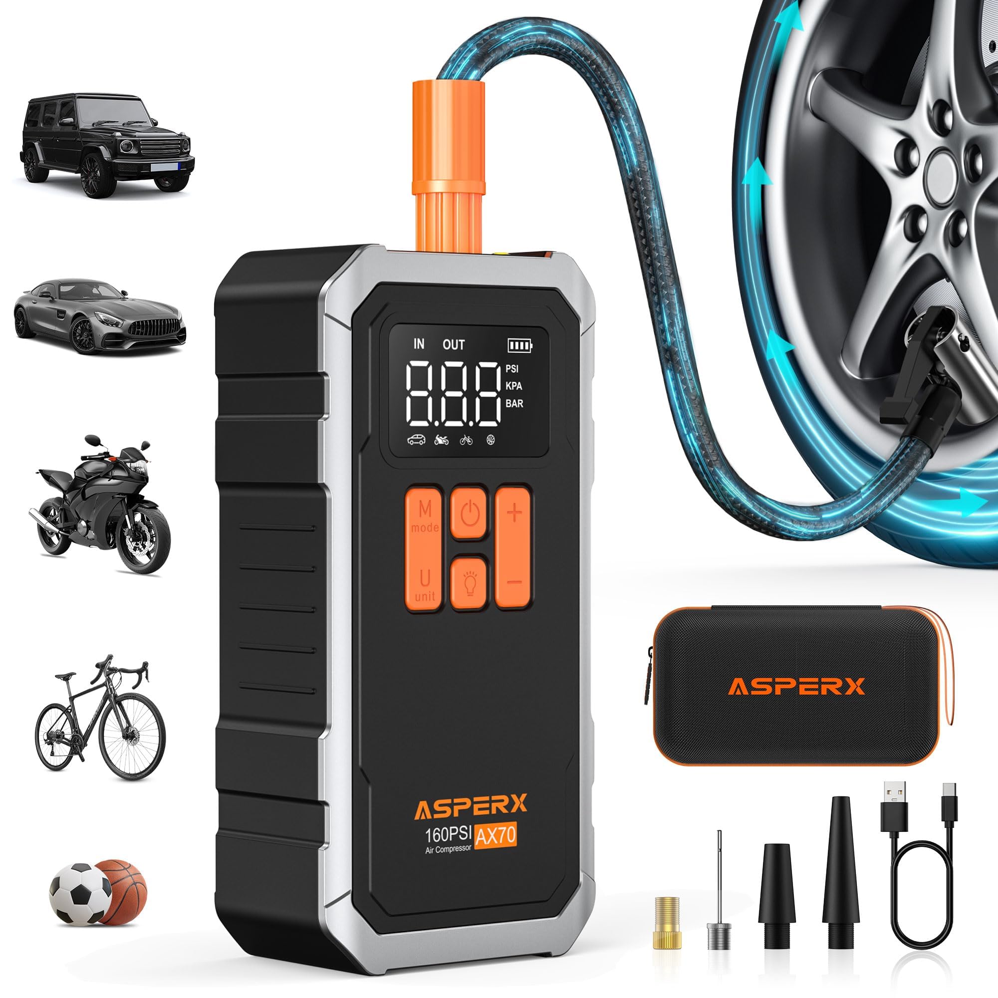 AsperX 160PSI Cordless Tire Inflator Air Compressor – Portable Rechargeable Air Pump with LCD Display, Auto Shut Off, LED Light & Carrying Case | Fast Inflation for Car Tires, Bike, Motorcycle, Balls