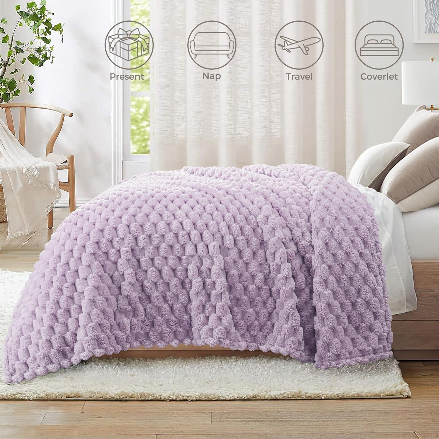 Whale Flotilla Queen Size Blanket for Bed with Jacquard Pattern, Fuzzy Soft Cozy Exquisite Blankets for All Season, Warm and Fluffy, 90x90 Inch, Lilac