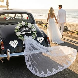 Just Married Car Decorations Set – White Floral Wreath with Long Tulle, Static-Cling Window Decal, Magnetic “Mr & Mrs” & “Love” Heart Signs – Elegant Wedding Getaway Car Decor Kit