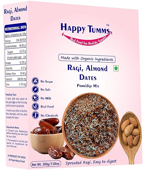 Happy Tumms Organic Sprouted Ragi, Almonds, Dates Porridge Mix | NO HIDDEN SUGAR | Made of Sprouted Ragi Powder for baby | Sprouted Ragi for Calcium, Iron | Real Food No Chemicals | Available in Trial Baby Packs too | Shelf-life 9 month | 200g