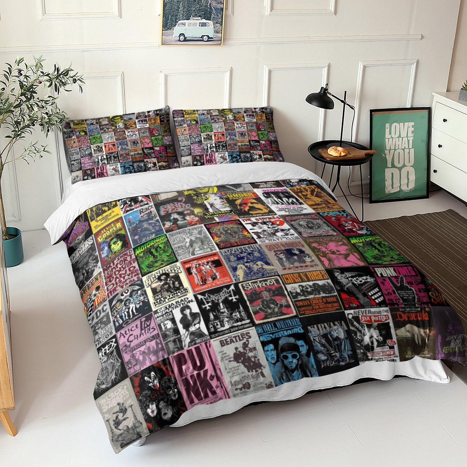 Prima il rock Set Copripiumino in Microfibra Morbida 3 Pezzi,Stampa 3D Motivo,Musica punk rock Copripiumino in Microfibra E Federe Cuscino,Chiusura Cerniera Per Ragazzi E Ragazze Double（200x200cm）