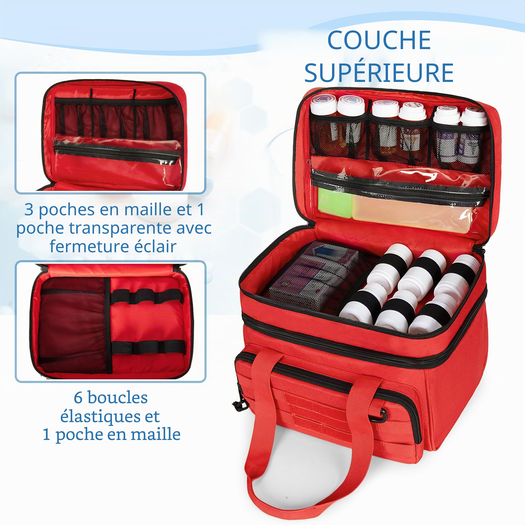CURMIO Sac de Rangement Médical Trousse de Premiers Secours Tactique, Rouge | Double Couche, Organisateur de Médicaments Portable, 5 Cloisons Amovibles, pour Randonnée/ Camping/ Voyage, Sac Uniquement
