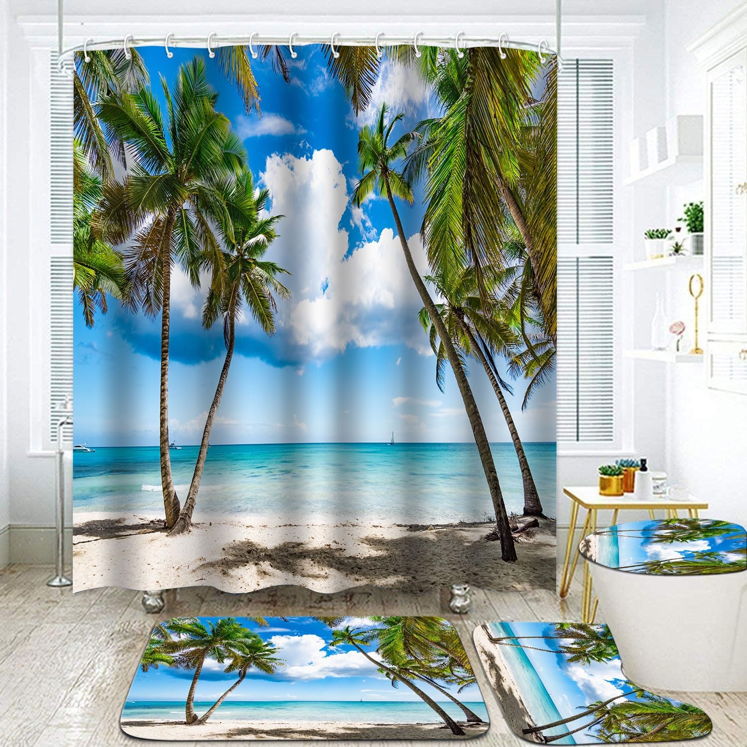 Tropical Palm Tree Shower Curtain Sets With Rugs 4 Piece, Coastal Blue Ocean Shower Curtain Bathroom Decor Waterproof Polyester Fabric Summer Beach Landscape Curtains Toilet Bath Mat Home Decorations