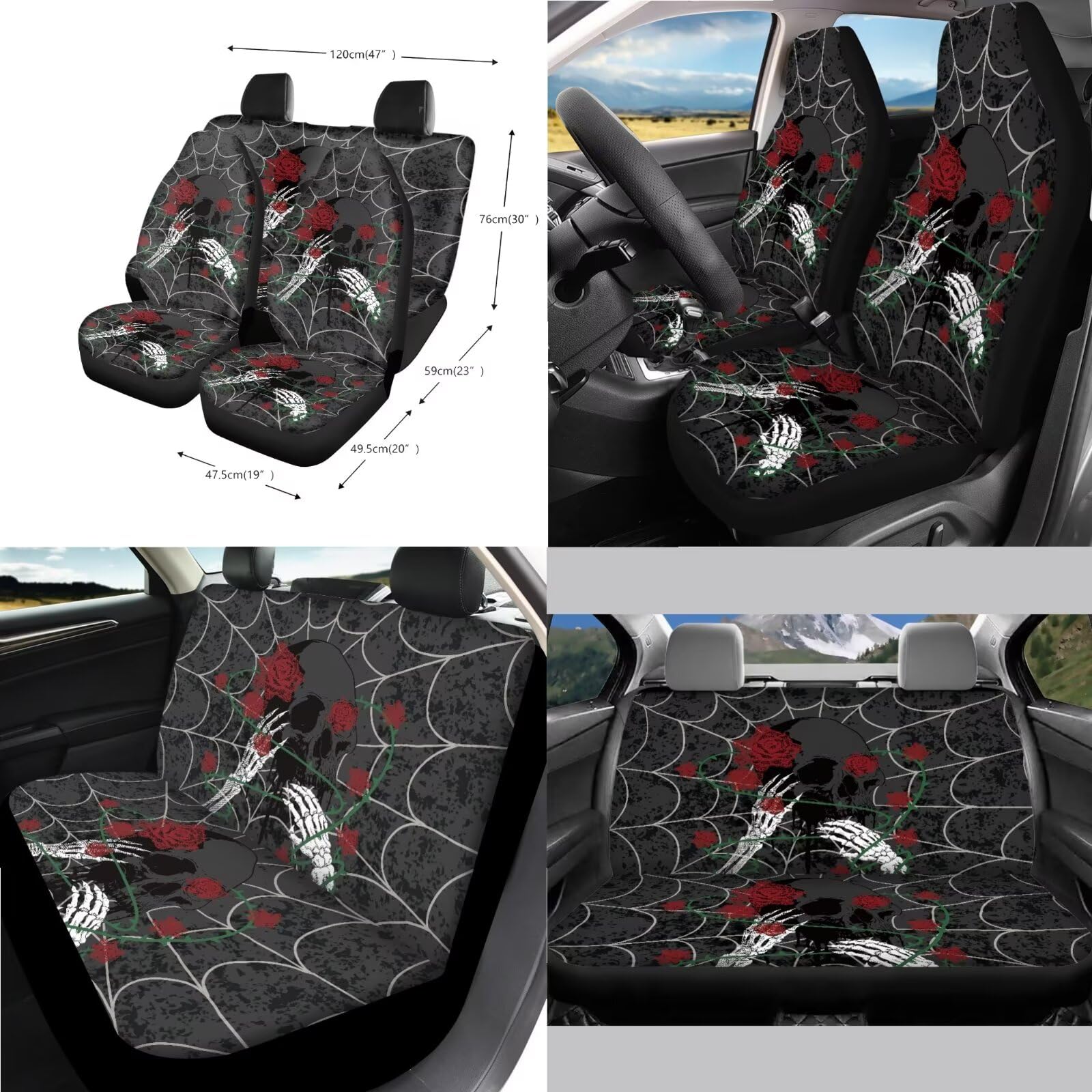 Set di coprisedili per auto, con stampa di ragnateli, anteriore e posteriore, coprivolante, leva del cambio + copri freno a mano, cuscino per bracciolo, cuscinetti per cinture di