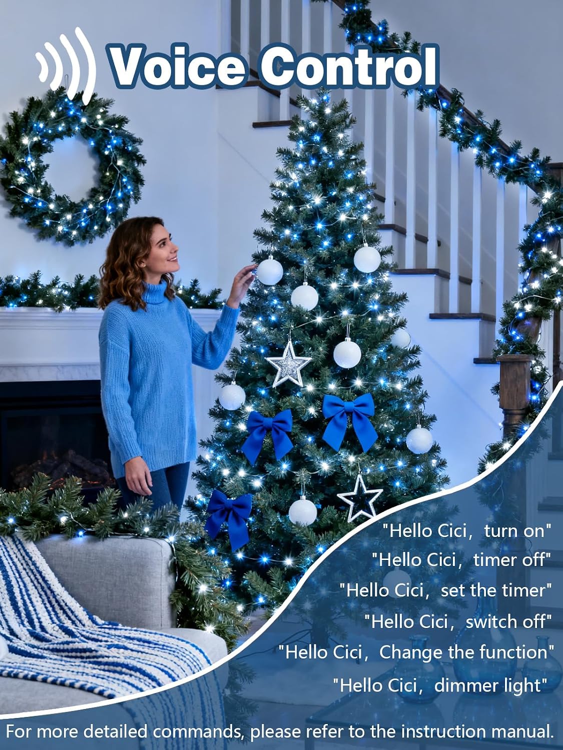 Voice Controlled Christmas Lights with Remote, 99 FT 300 LED String Lights Indoor Outdoor with 12 Modes 3 Timers, Dimmable Twinkle Light Plug in Waterproof for Xmas Tree Party Decor, White and Blue
