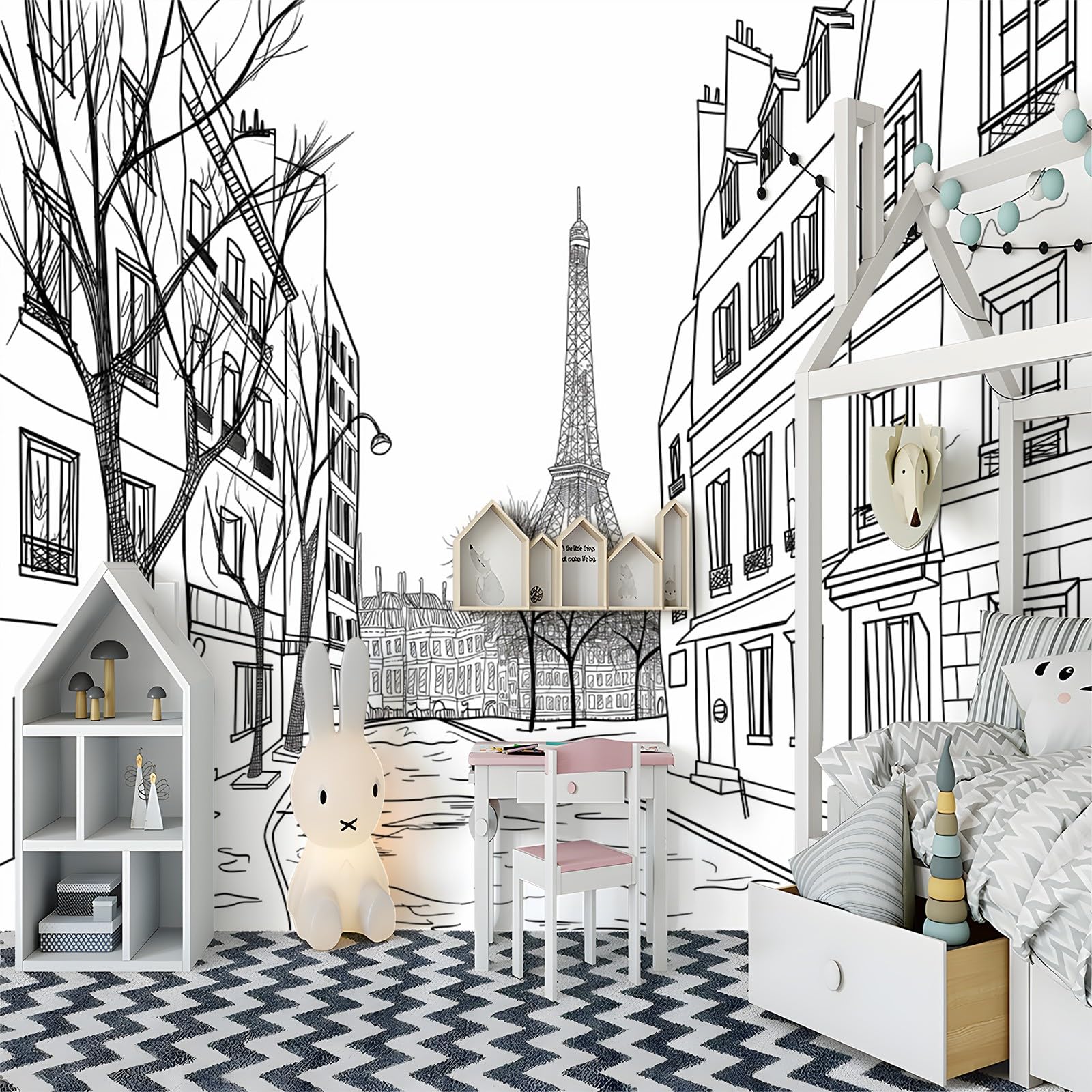 Tapete 3D Fototapete Handgezeichnete Pariser Straßen 350x256 cm Vliestapete Wandtapete Wandbilder 3D Druck Foto Tapeten für Wohnzimmer Schlafzimmer Vlies Tapete Motivtapeten