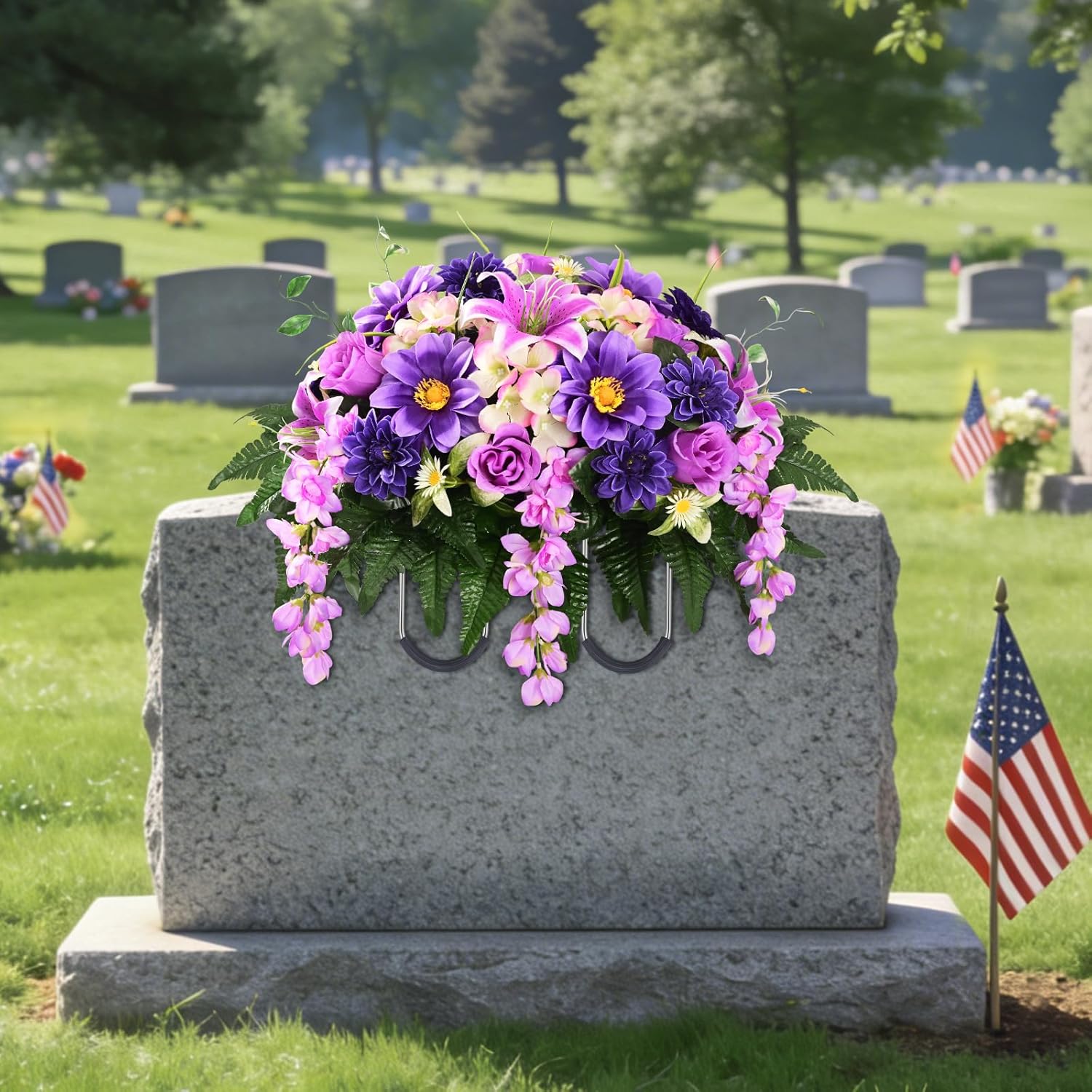 Artificial Cemetery Flowers for Grave, Headstone Flower Saddle Realistic Grave Decorations for Cemetery, UV Resistant Memorial Day Flowers with Lily Rose Sunflower for Headstone Cemetery Grave Decor