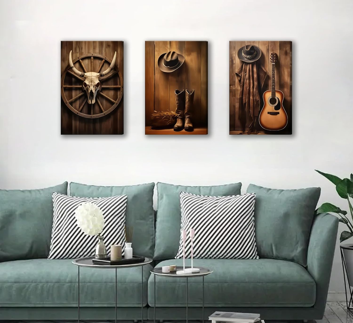 3pcs Vintage Western Cowboy Canvas Wall Art Cow Skull Cowboy Hat Boots Guitar Wooden Wheel Paintings Pictures Wall Decor Country Modern Posters Prints Artwork for Home Office Bedroom Home Decoration