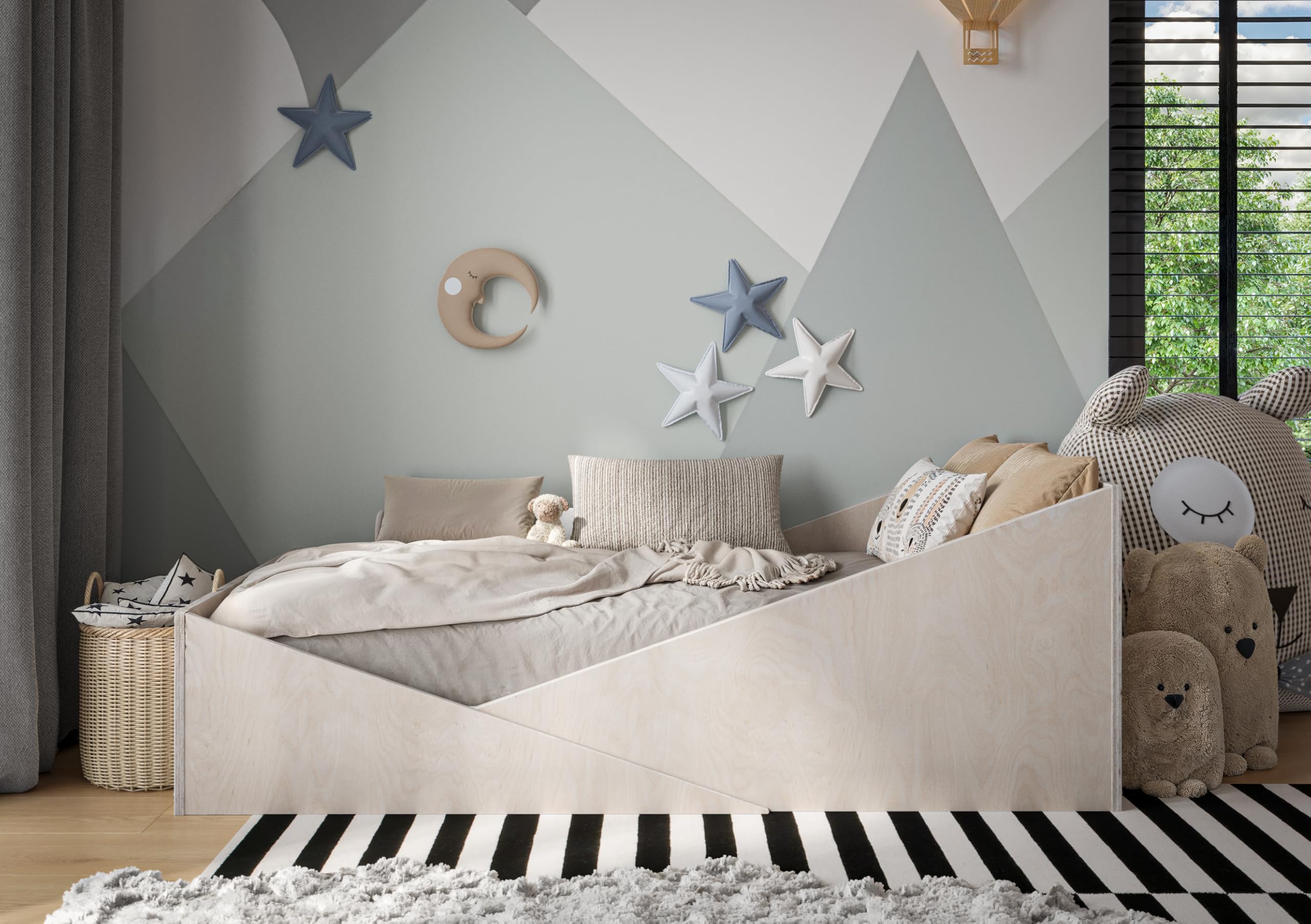 OSONO | ATRI Łóżko dziecięce 80x160 cm z naturalnego drewna | Łóżko podłogowe Montessori ze stelażem i barierką ochronną | Nowoczesny skandynawski design dla dzieci
