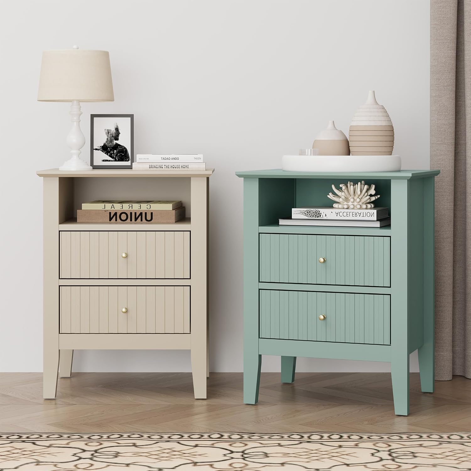 FansaFurn Fluted Night Stand Set of 2, Wide Nightstand with 2 Drawers, 23" Tall Wood End Table with Storage, Modern Bedside Table with Golden Handle for Bedroom Living Room, Home Office, White
