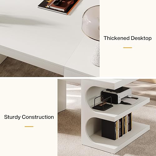 Miniatura 7 de Tribesigns Escritorio de oficina ejecutivo blanco, escritorio de computadora de 63 pulgadas con estantes de almacenamiento, mesa de estudio de