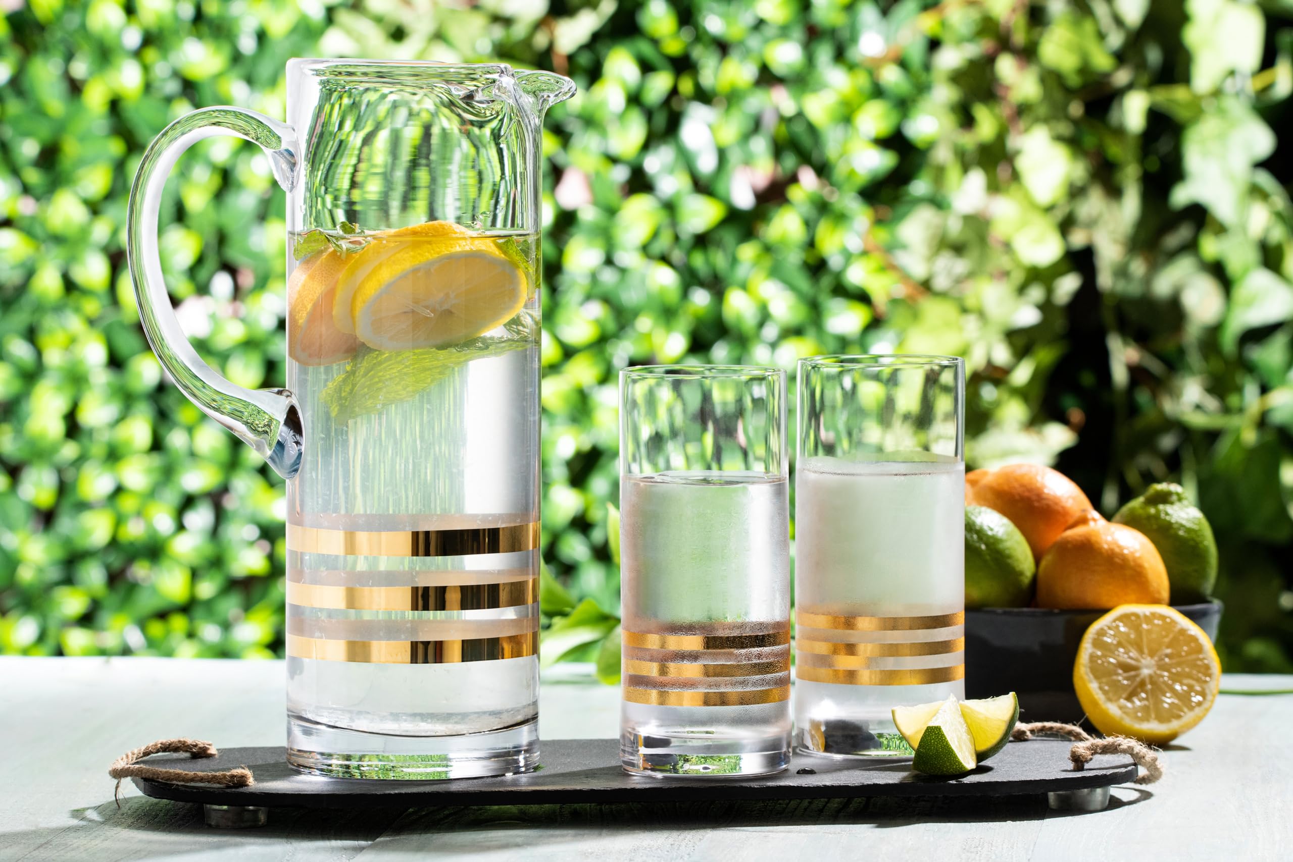 Highball - Juego de 4 vasos Hiball - Cristal de cristal - Tres rayas doradas - Vasos para beber, para agua, zumo, vino, cerveza y cócteles, 14 onzas - by Barski - Made in Europe