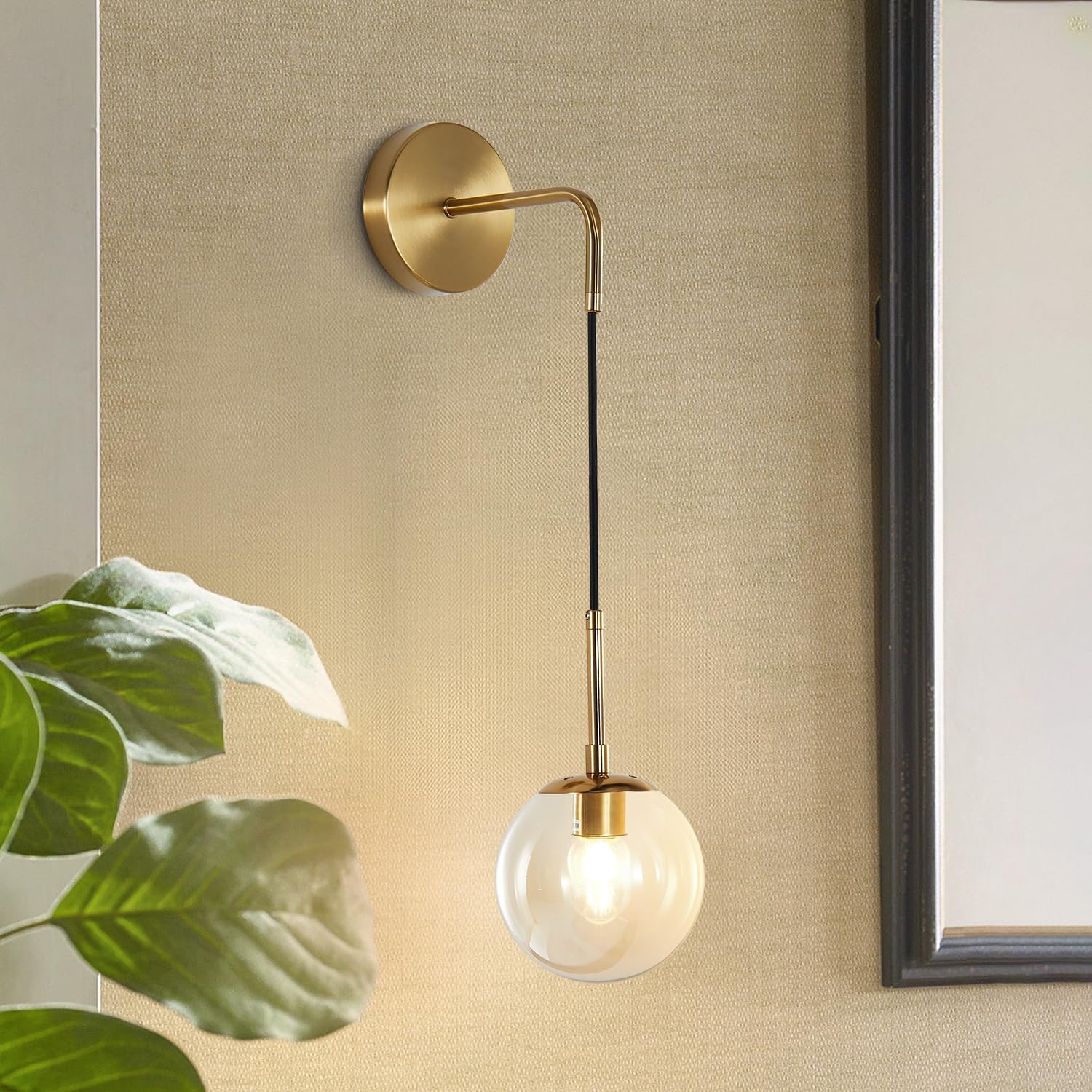 BOKT Mid Century Modern Globe Wall Sconce Lighting Brushed Brass Gold Amber Glass Round Wall Light Fixture Vintage Vanity Globe Bathroom Bar Wall Lamp (Gold+Amber)
