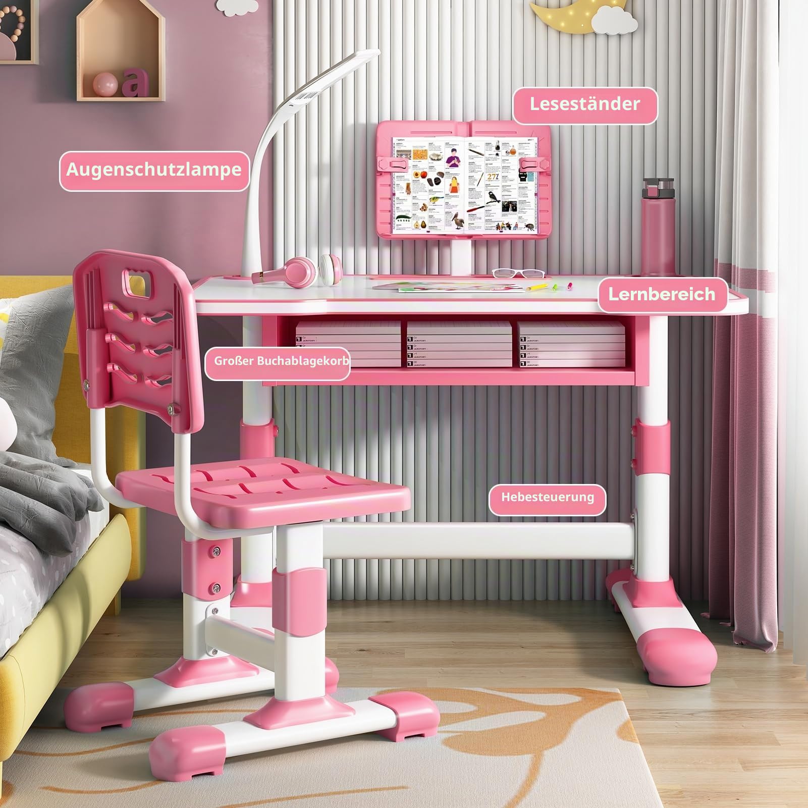 Höhenverstellbarer Schreibtisch und Stuhl für Kinder, höhenverstellbarer Arbeitsschreibtisch mit neigbarem Leseständer, extra breite Schublade, LED-Schreibtischlampe, für Kinder von 3 bis 18