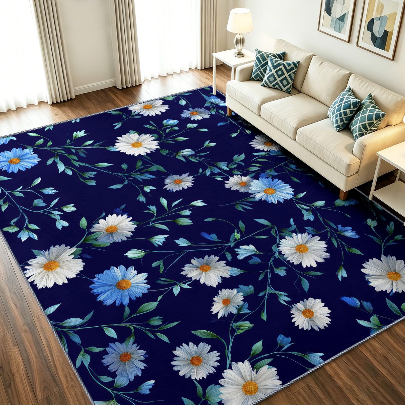 Tapis bleu floral chrysanthème 160x230 cm poil court pour salon rustique et chaleureux