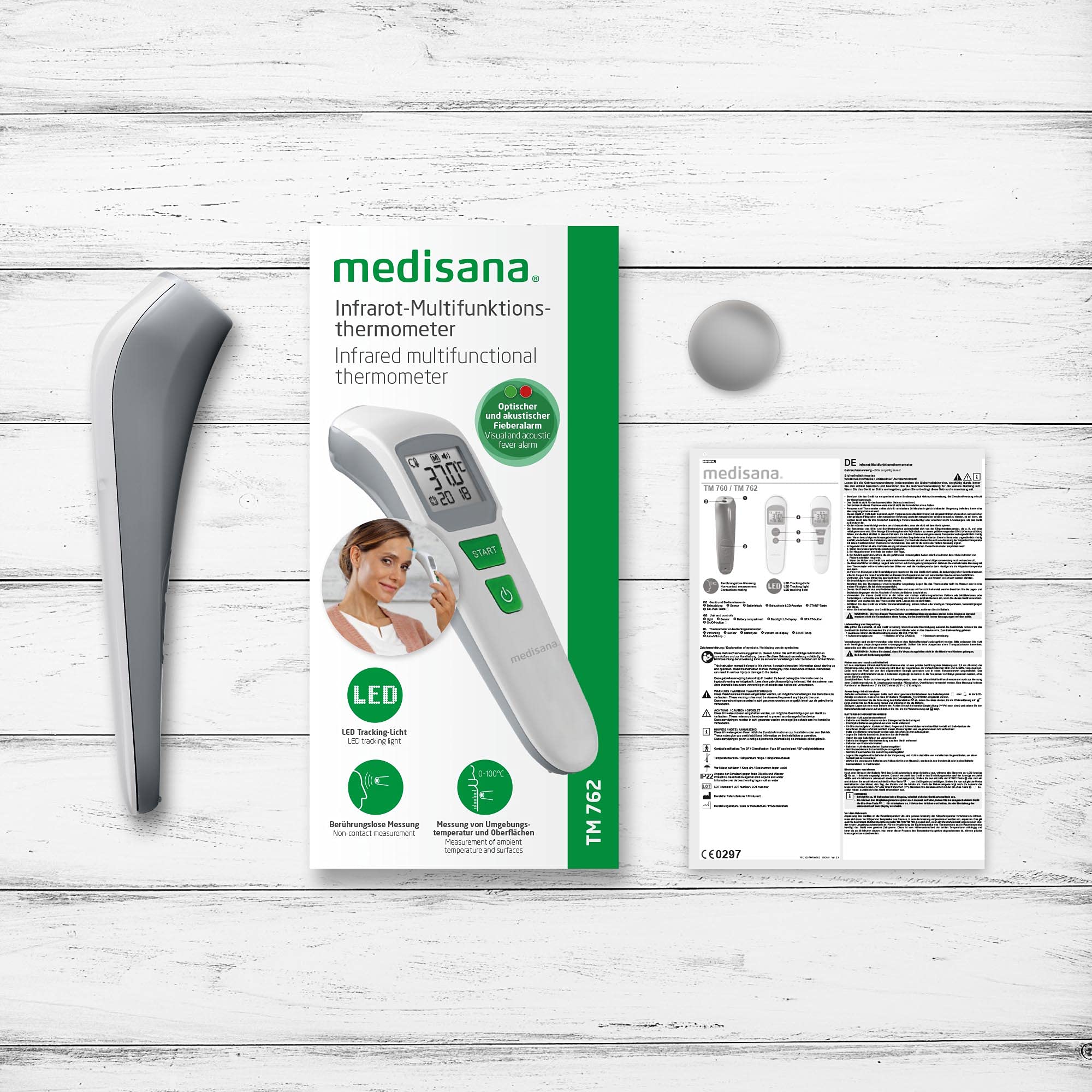 medisana TM 762 termómetro digital para la frente termómetro clínico para bebés, niños y adultos con alarma visual de fiebre, función de memoria y medición de líquidos