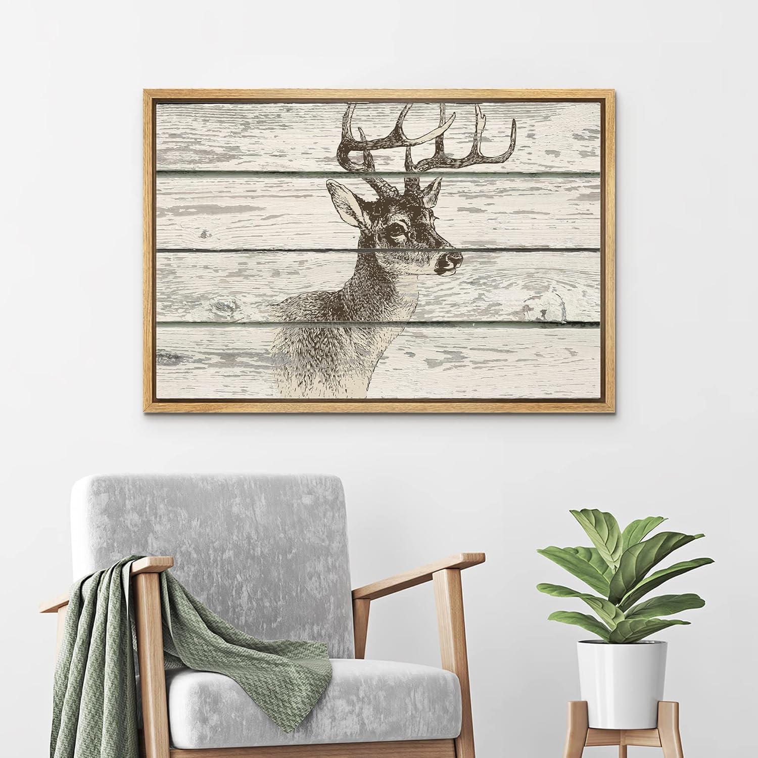 wall26 - Illustration of a Deer's Upper Body on a Rustic Wooden Background - Framed Canvas Art Home Art - 16"x24" Natural