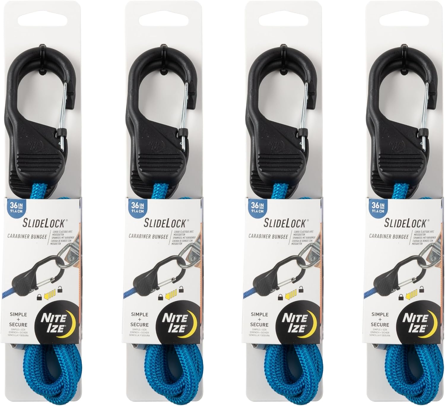 Nite Ize SlideLock Carabiner Bungee - Simple Carabiner Clip with Sliding Lock Feature - Adjustable Bungee Strap for Securing & Bundling Gear - 36", Blue (4 Pack)