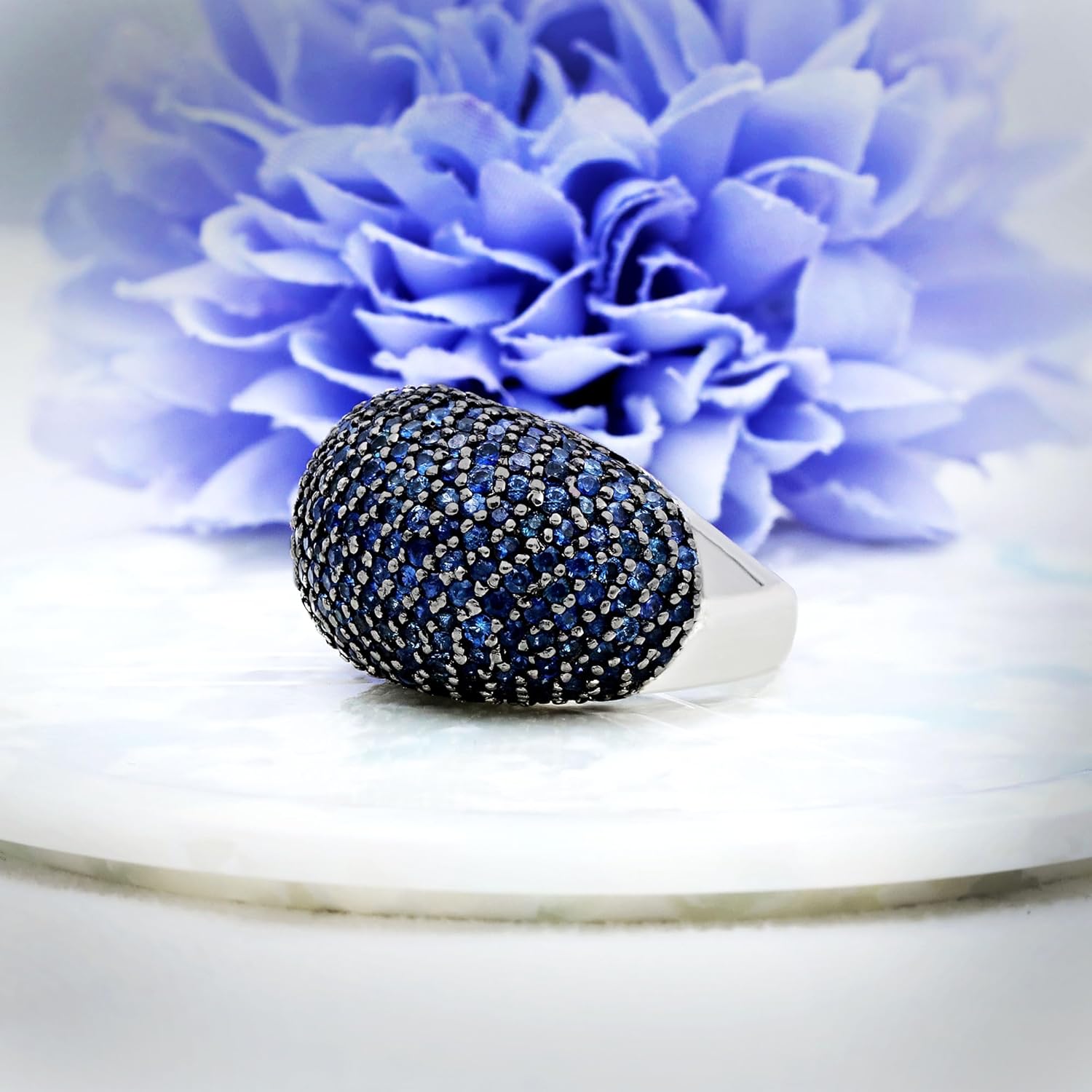 Memoria Jewels Blue Sapphire & Green Amethyst Statement Cocktail Ring | 925 Sterling Silver Full Pavé Dome Ring for Women & Men | Luxury Wide Band Vintage Designer 2.60 CT Gemstone Ring.