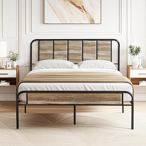 Miniatura 28 de VECELO Base de cama de plataforma de tamaño matrimonial con cabecero de madera, soporte de listones de acero resistente, relleno de colchón, no Gris