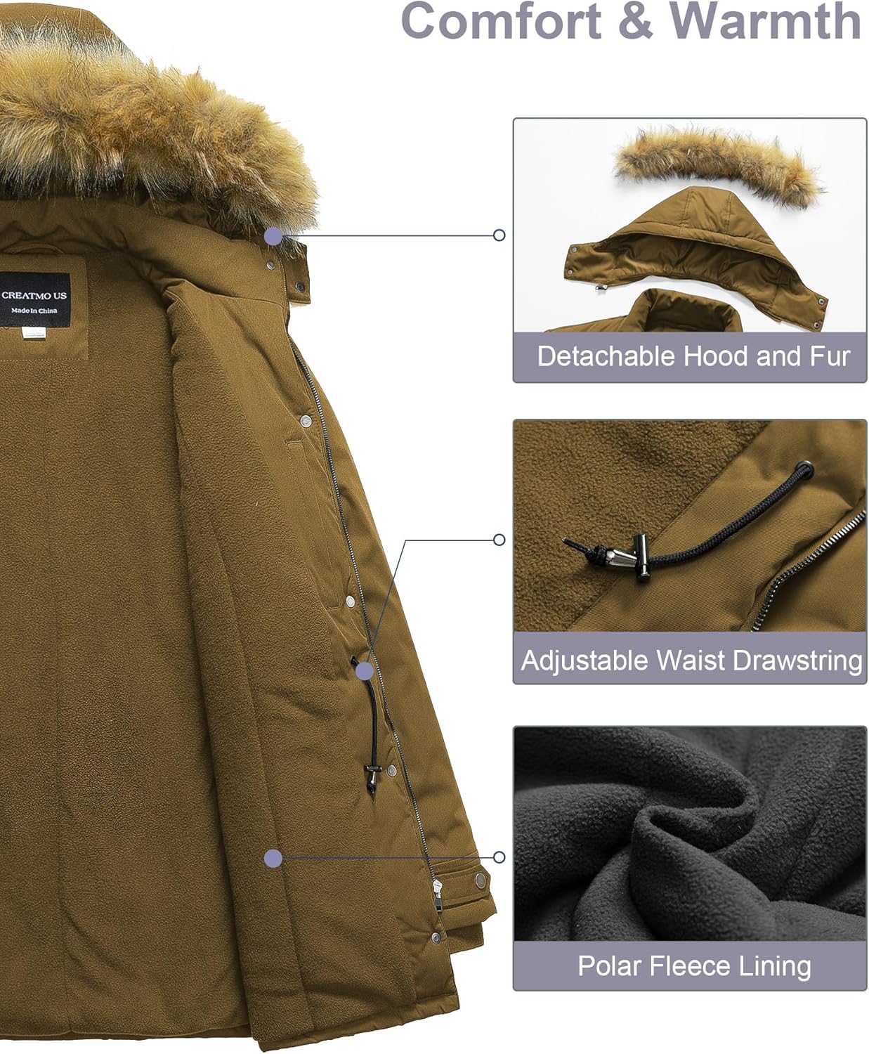 CREATMO US Women's Plus Size Winter Coat Waterproof Long Puffer Jacket Warm Military Thicken Parka with Fur Hood - Image 3