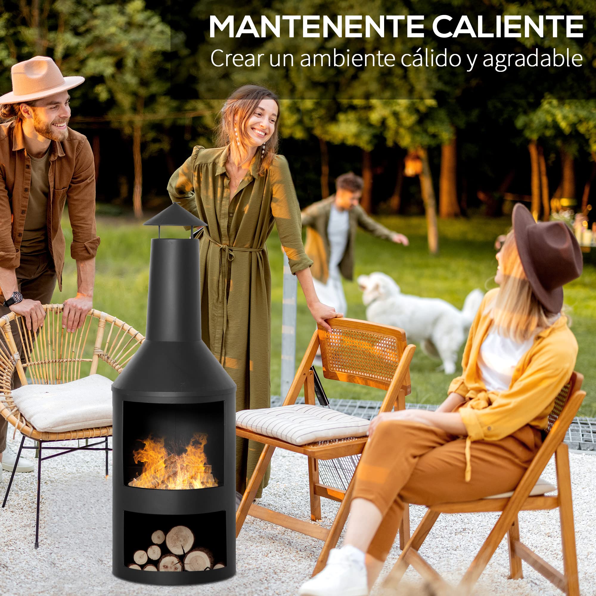 Outsunny Chimenea de exterior brasero mexicano Altura 133 cm, Diámetro 45, Metal con gran chimenea - Almacenamiento de troncos - Negro