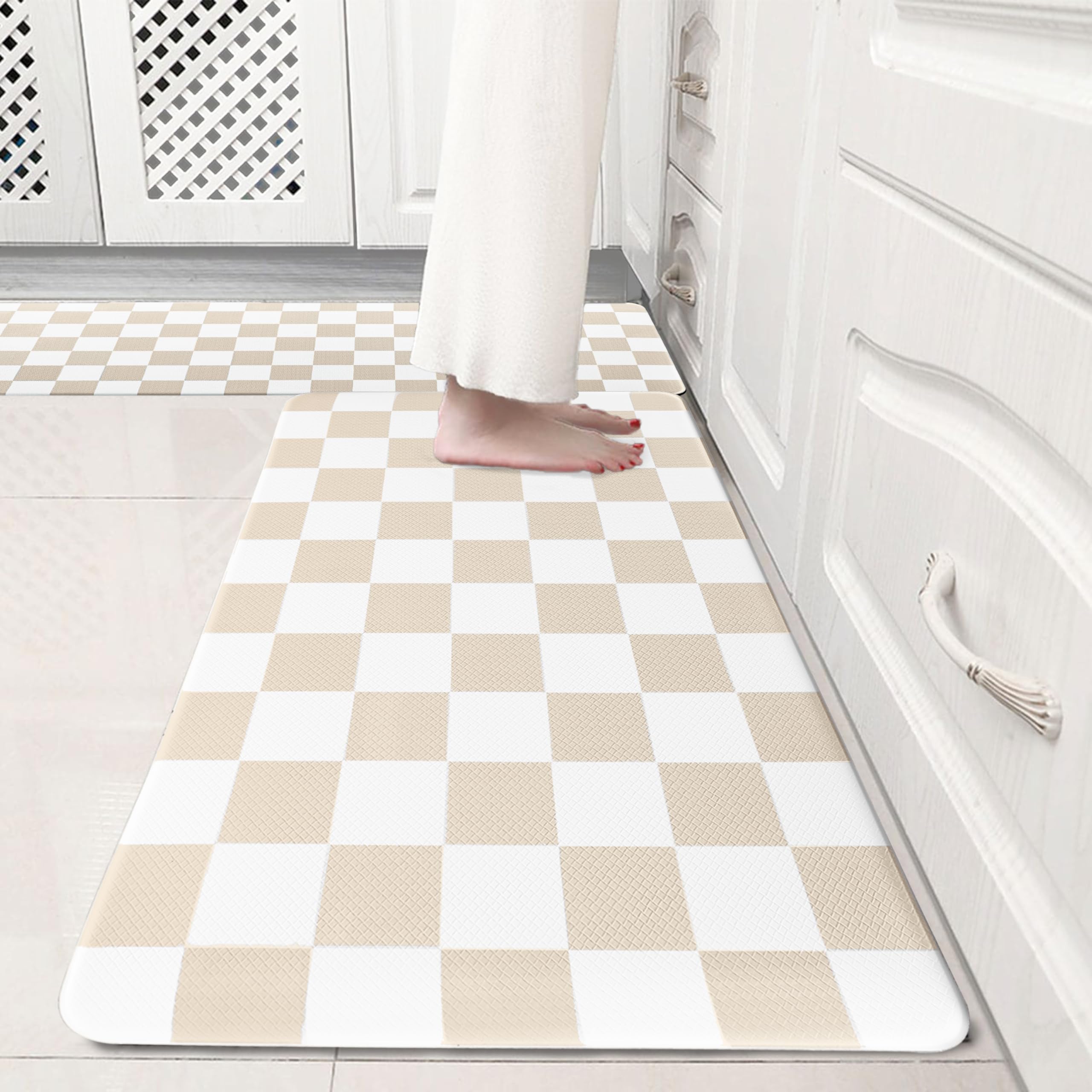 Photo 1 of VivaNest Cream Checkered Grid Checkerboard Kitchen Rug Sets [2 PCs], Anti-Fatigue, Waterproof Non-Slip Kitchen Mats Heavy Duty Ergonomic Comfort Foam Rug for Floor, Home, Laundry,17"x29"+17"x47"