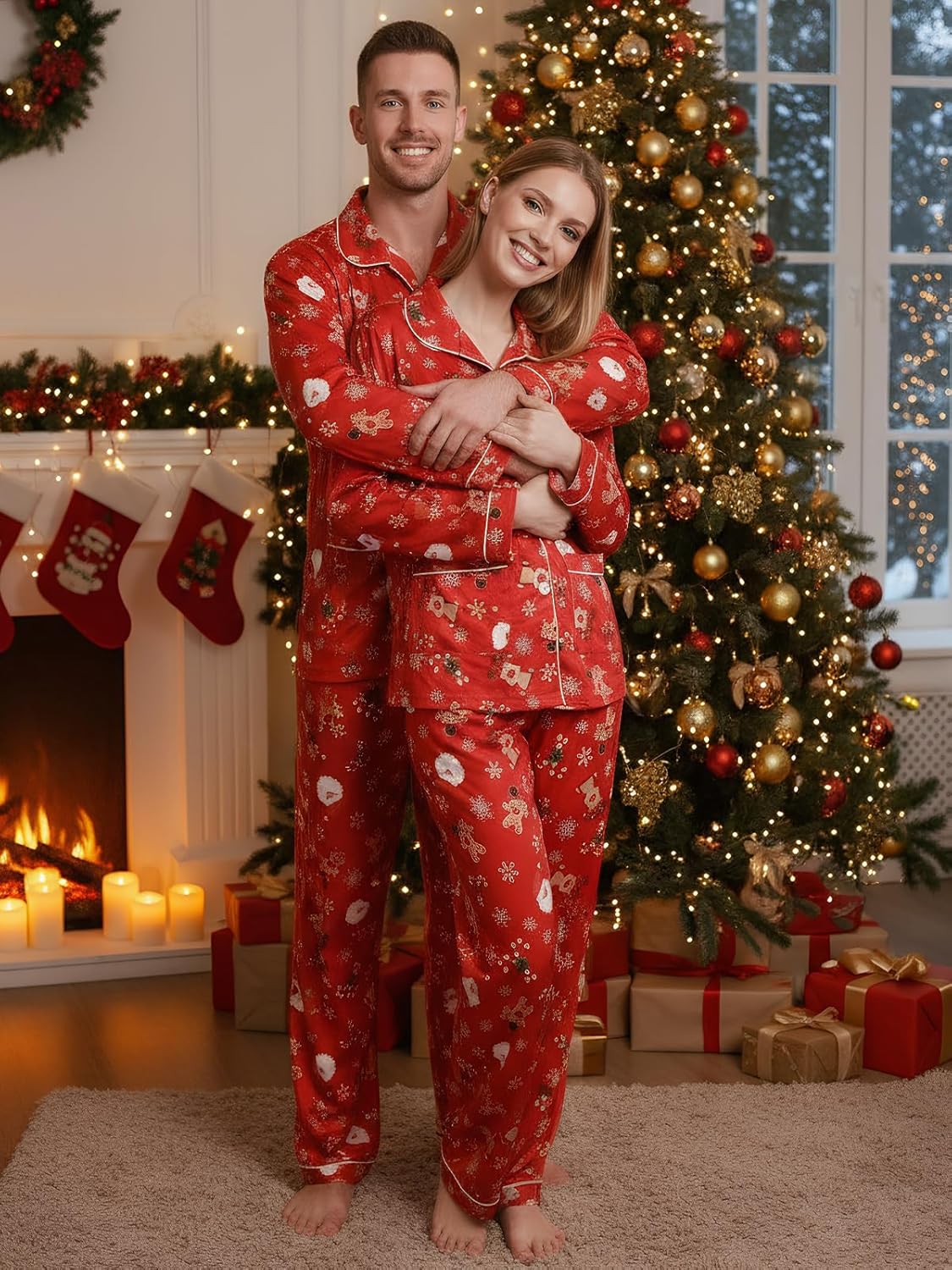 Matching Christmas Pajamas for Couples Long Sleeve Button Down PJ Set Soft Holiday Lounge Sleepwear for Women Men - Image 3