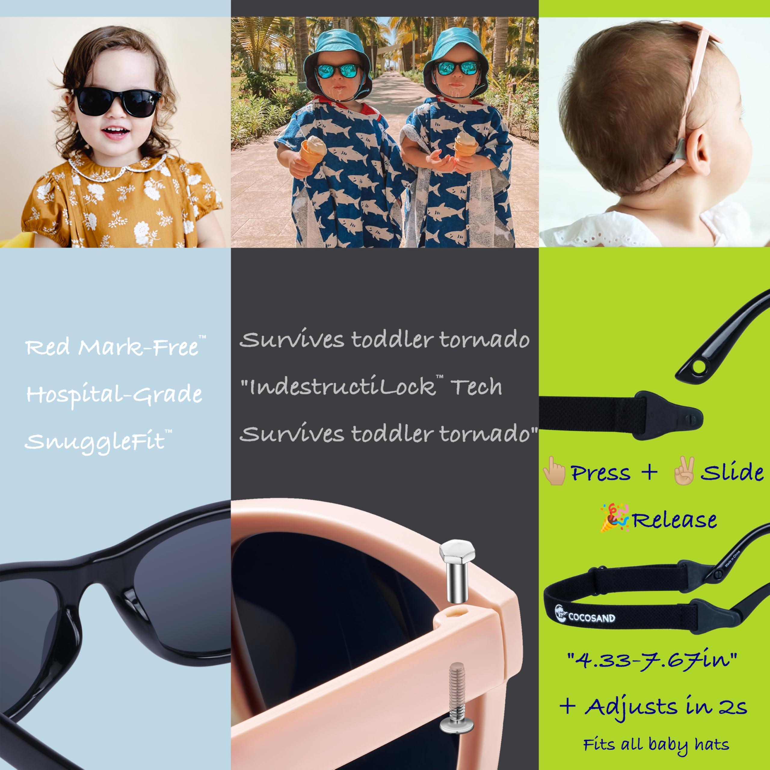 COCOSAND Lunettes de soleil flexibles pour bébé avec sangle polarisée protection UV pour nourrisson nouveau-né garçon fille âge 0-24 mois