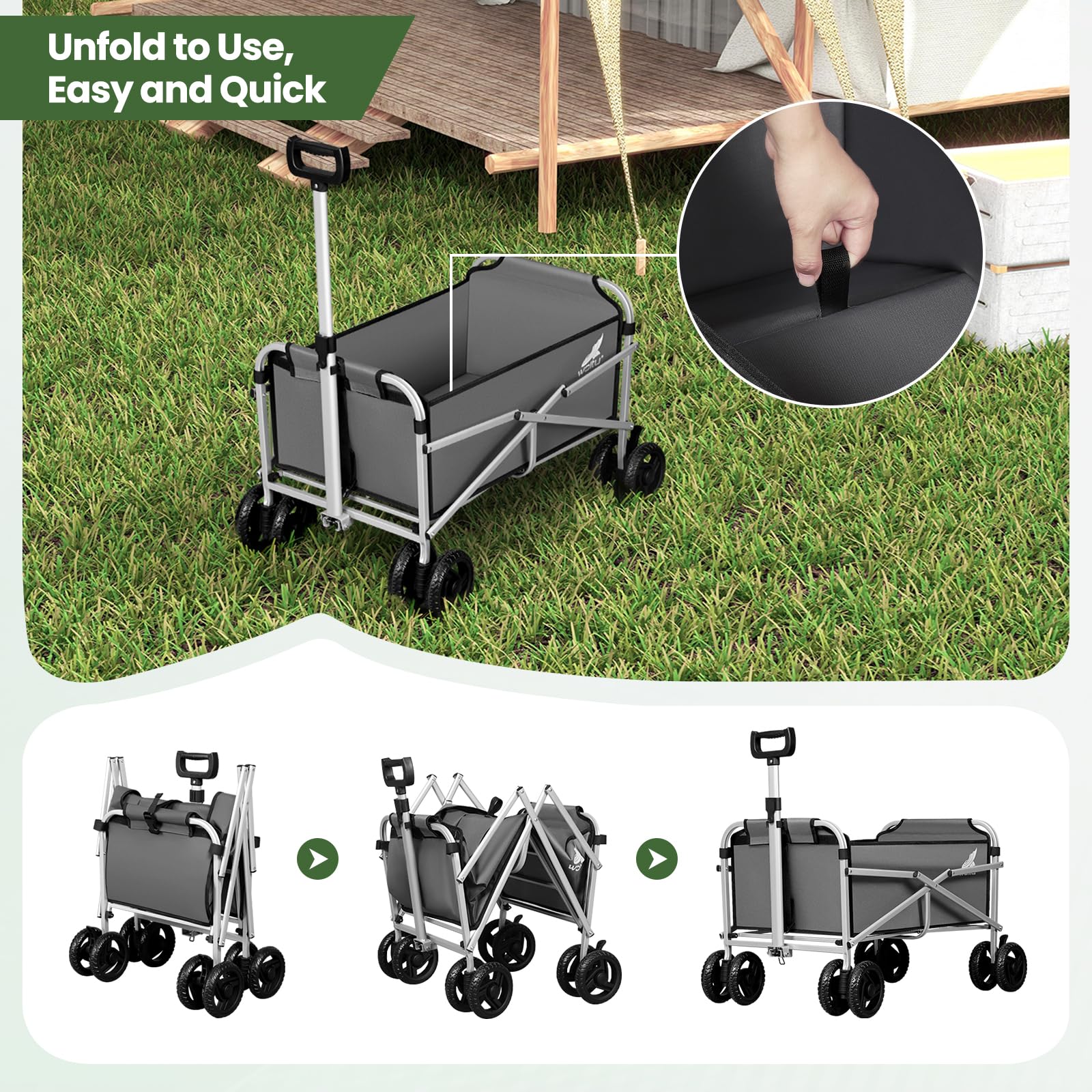 WOLTU Chariot de Jardin Pliable, Chariot à roulettes pour Camping, Pique-Nique, Plage, Courses, Jardinage, en Tissu Oxford+Métal, Gris Foncé