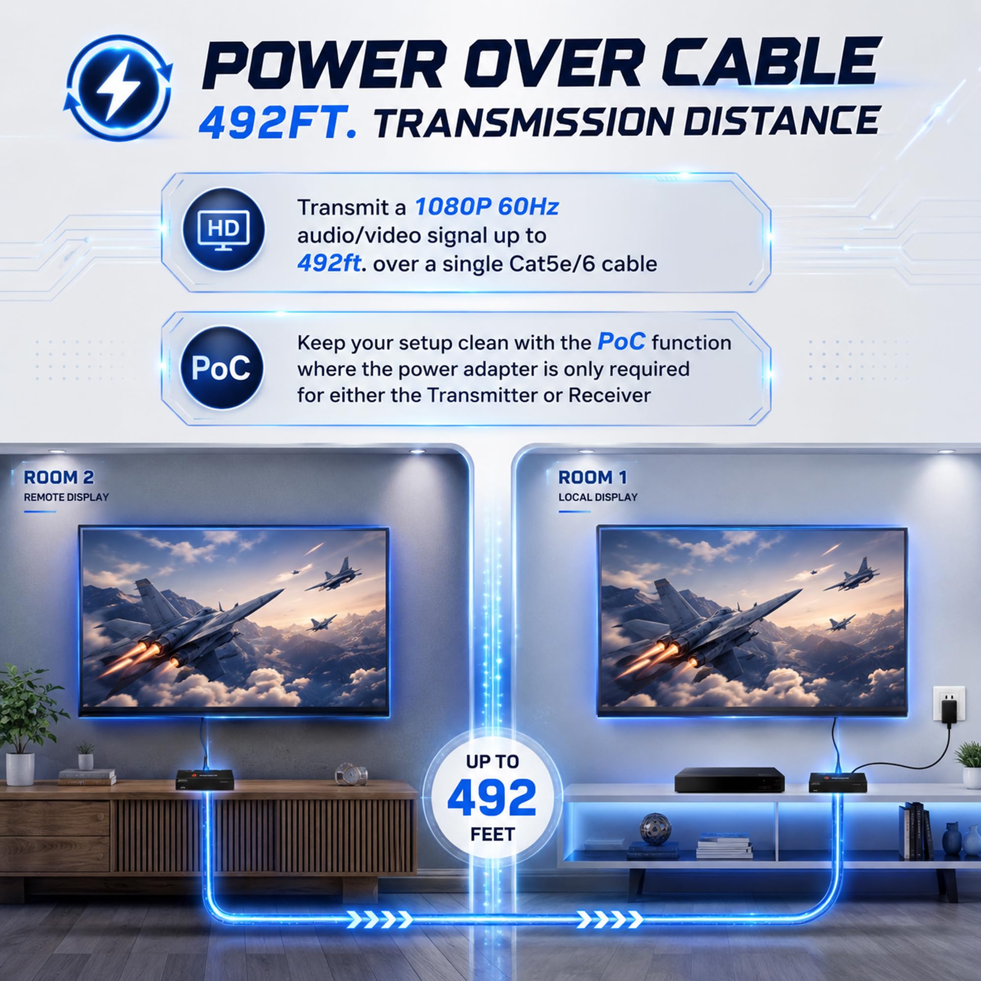 J-Tech Digital Extender HDMI a lungo raggio su Cat6 150 m/492ft HDBaseT 1080P Extender PoC, IR bidirezionale, supporta Dolby Digital, DTS, con passthrough EDID, CEC e RS-232 (JTECH-HDT150)