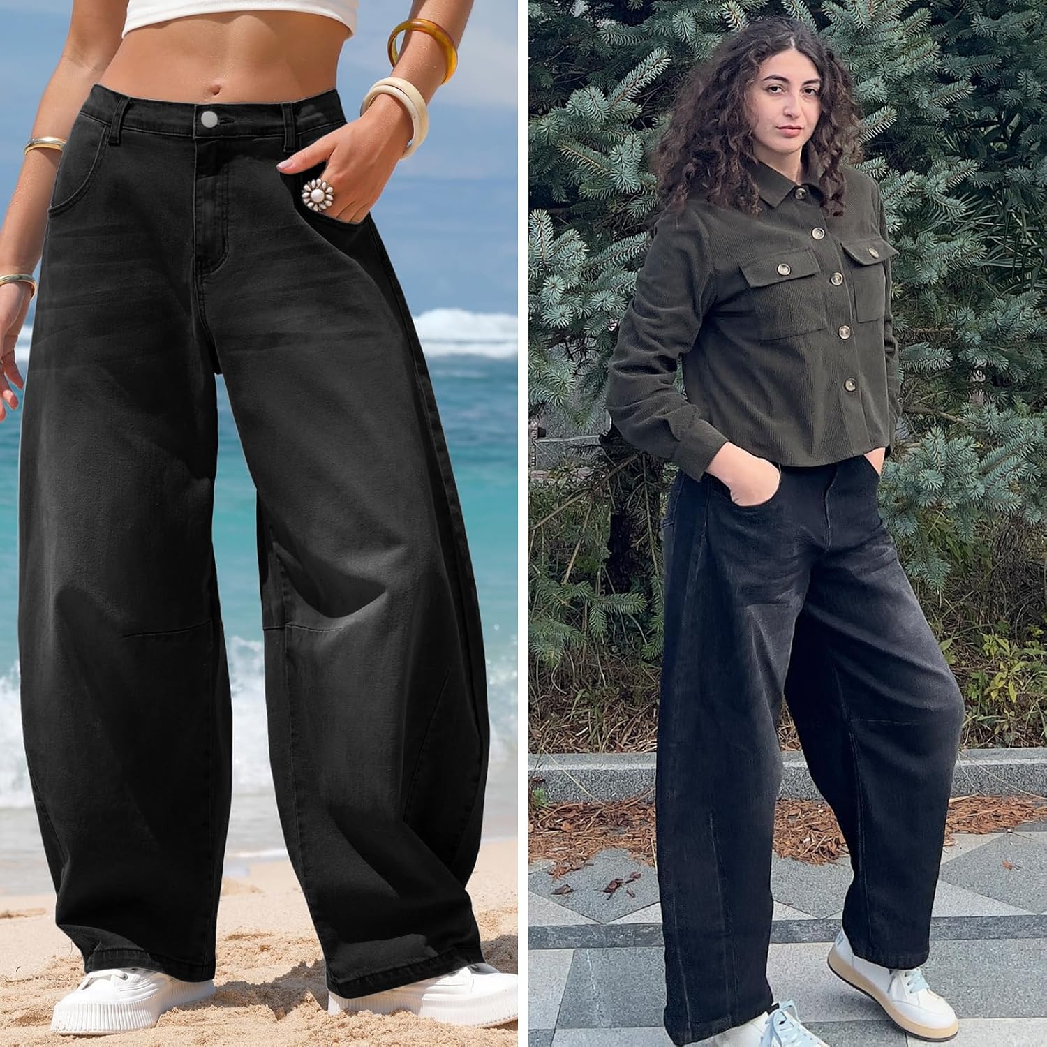 EXLURA Womens Barrel Jeans Wide Leg Y2K Boyfriend Denim Pants Hip Hop Vintage Baggy Jeans Cotton Mid-Low Elastic Waist Pants