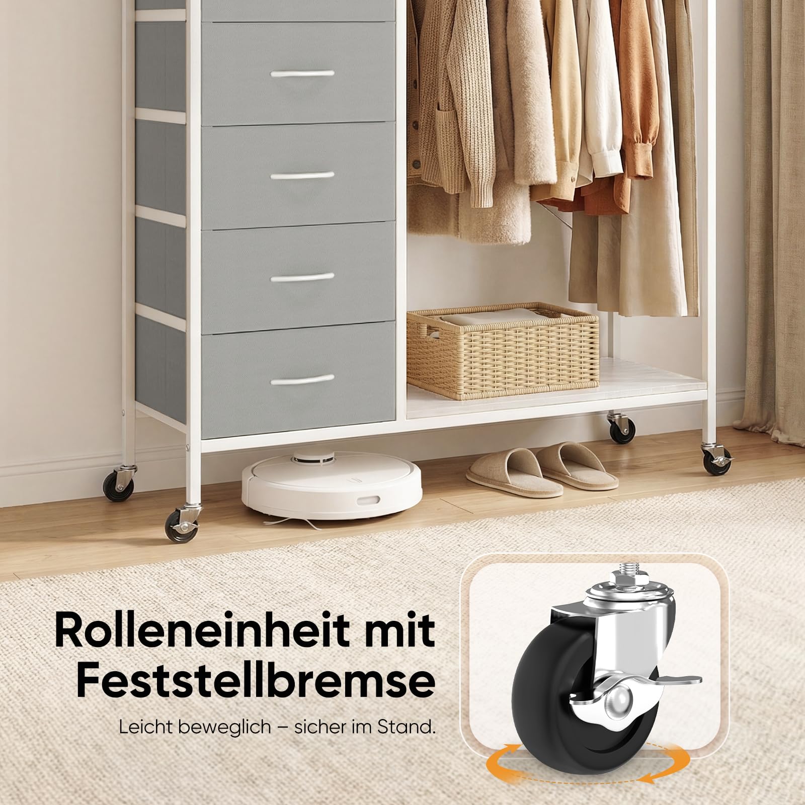 HOKEEPER Kleiderständer auf Rollen | Kleiderstange, Kleiderschrank, Clothes Rack, 4 Rollen, 2 feststellbar, einfache Montage, langlebig, Offener Kleiderschrank