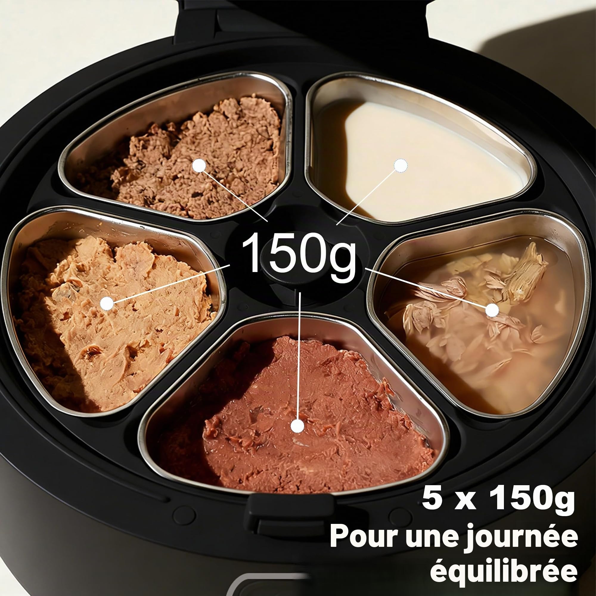 Distributeur automatique de nourriture humide pour chat avec surveillance 2 en 1 réfrigéré avec refroidissement à semi-conducteur, 5 repas frais, contrôlé par application, facile à nettoyer